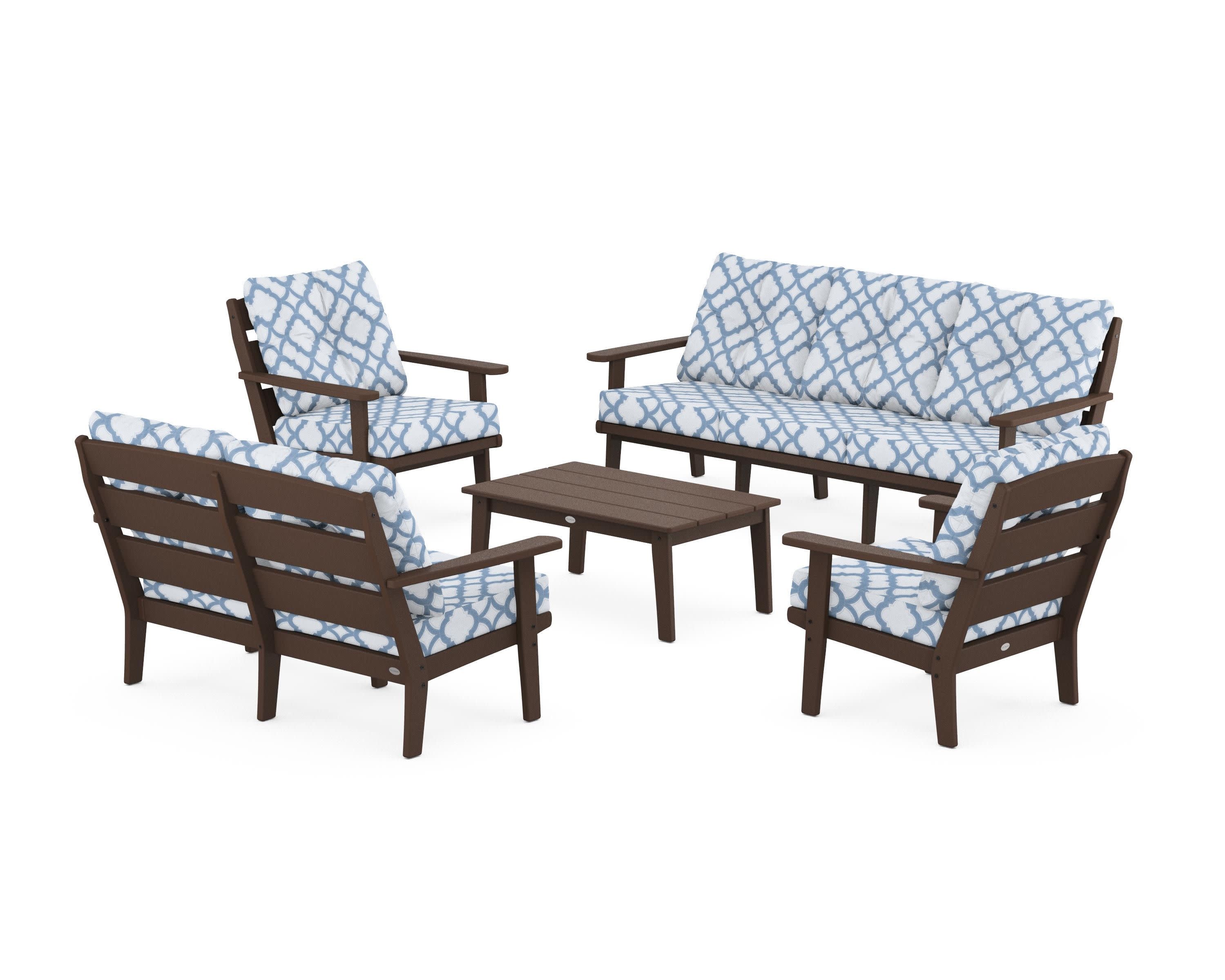 Lakeside 5-Piece Lounge Sofa Set in Mahogany / Trellis Sky Blue