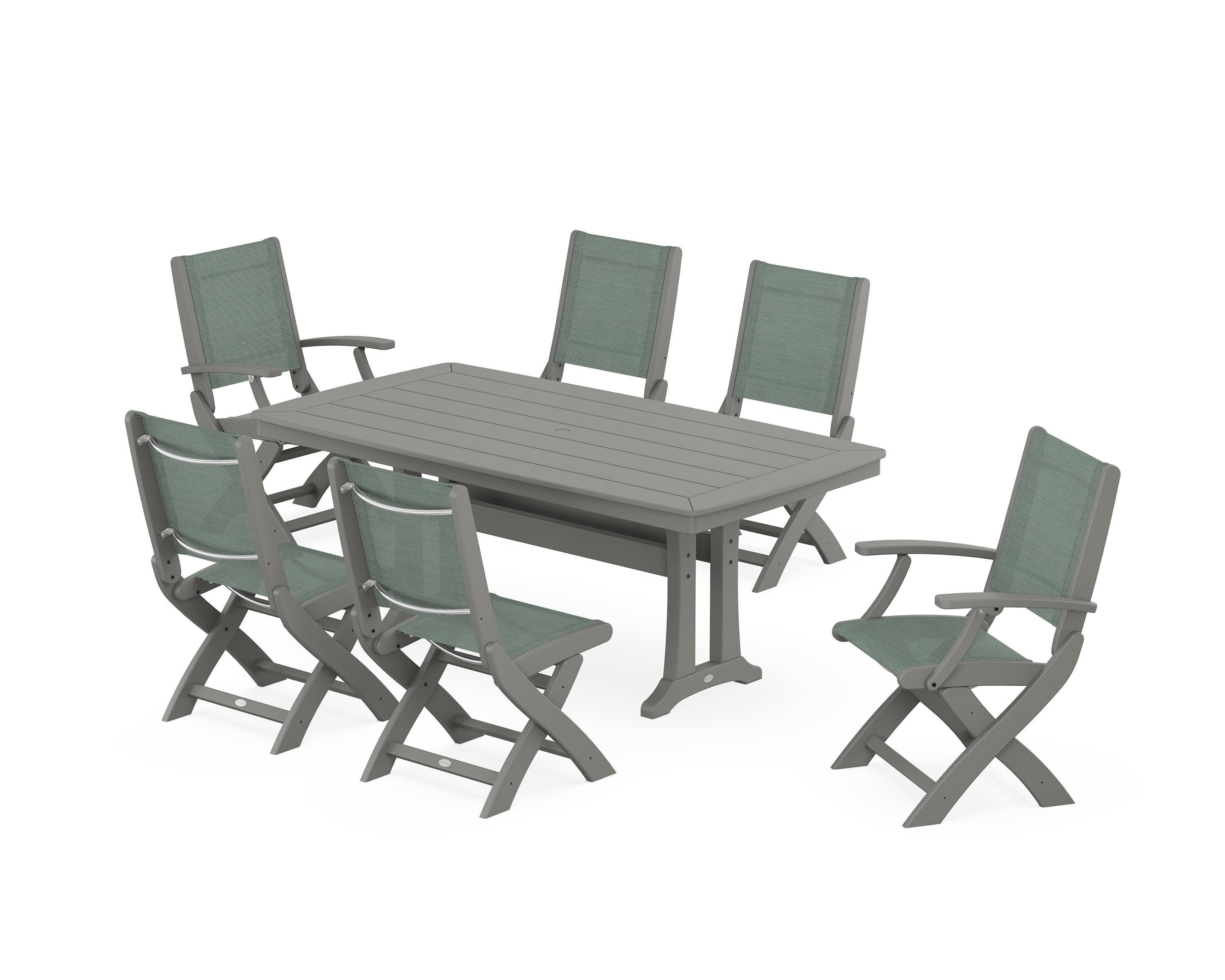 Coastal Folding Chair 7-Piece Dining Set with Trestle Legs in Slate Grey / Dupioni Sea Mist Sling