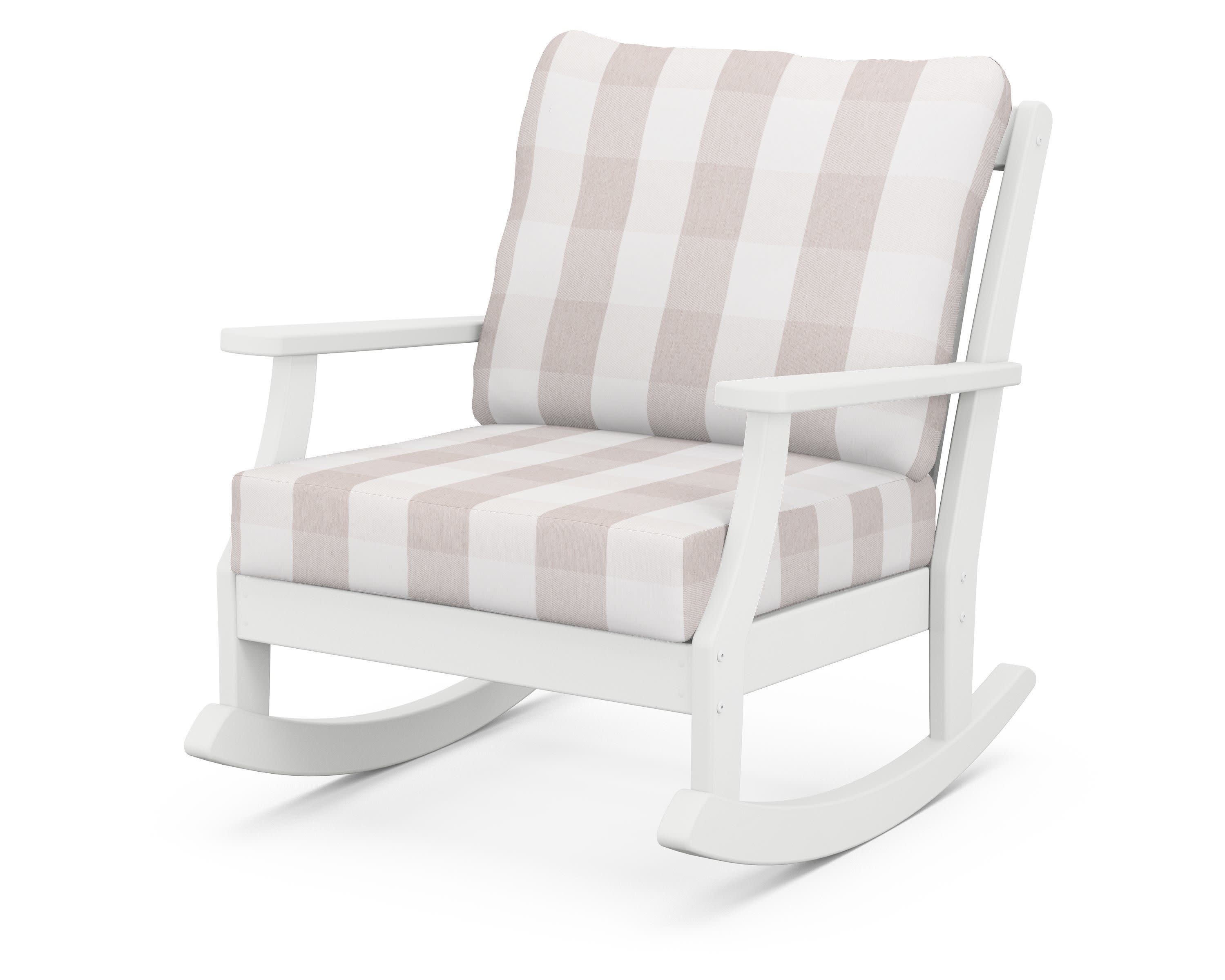 Braxton Deep Seating Rocking Chair in White / Buffalo Plaid Dune Burlap