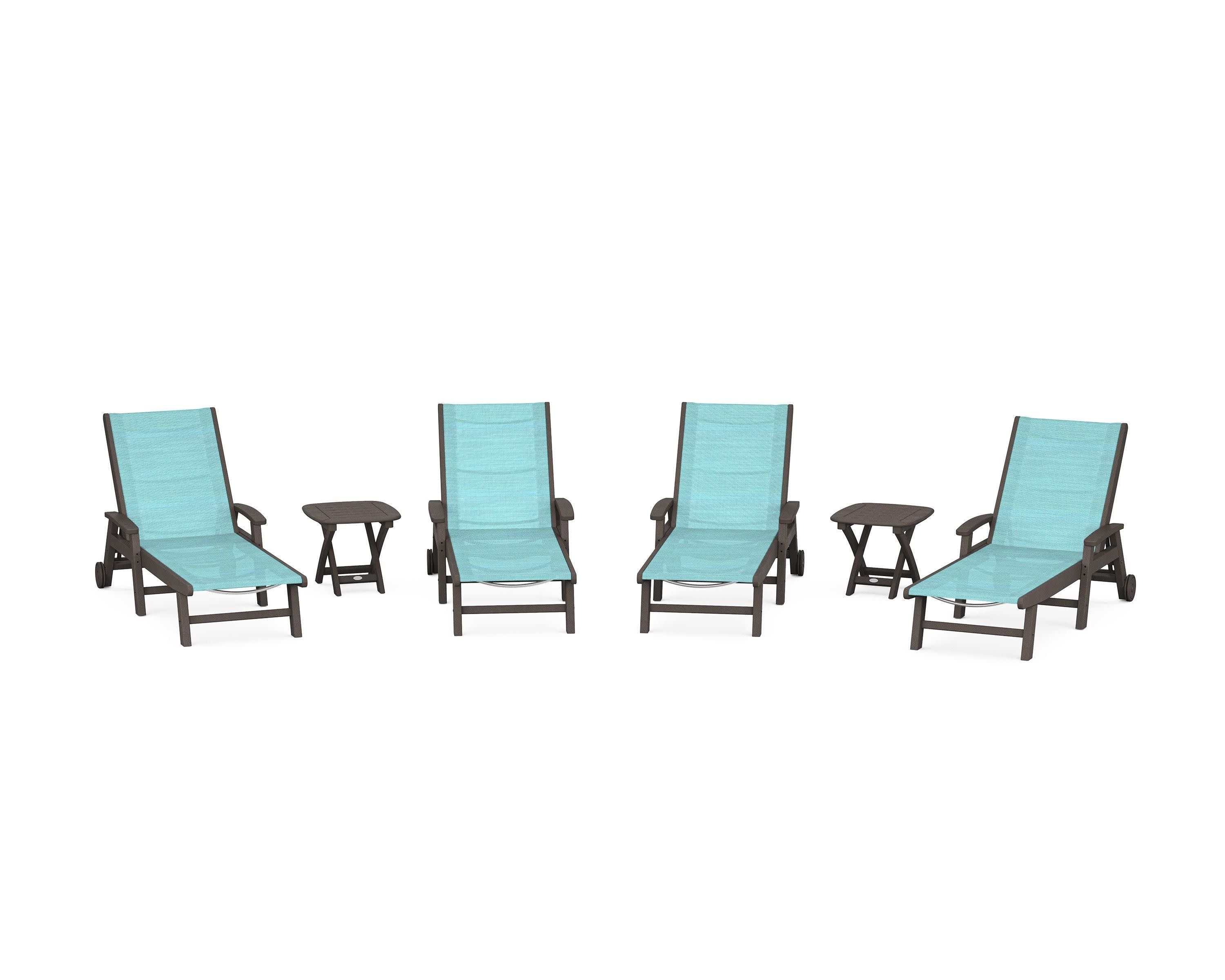 Coastal Chaise 6-Piece Set with Wheels in Vintage Coffee / Dupioni Aquamarine Sling