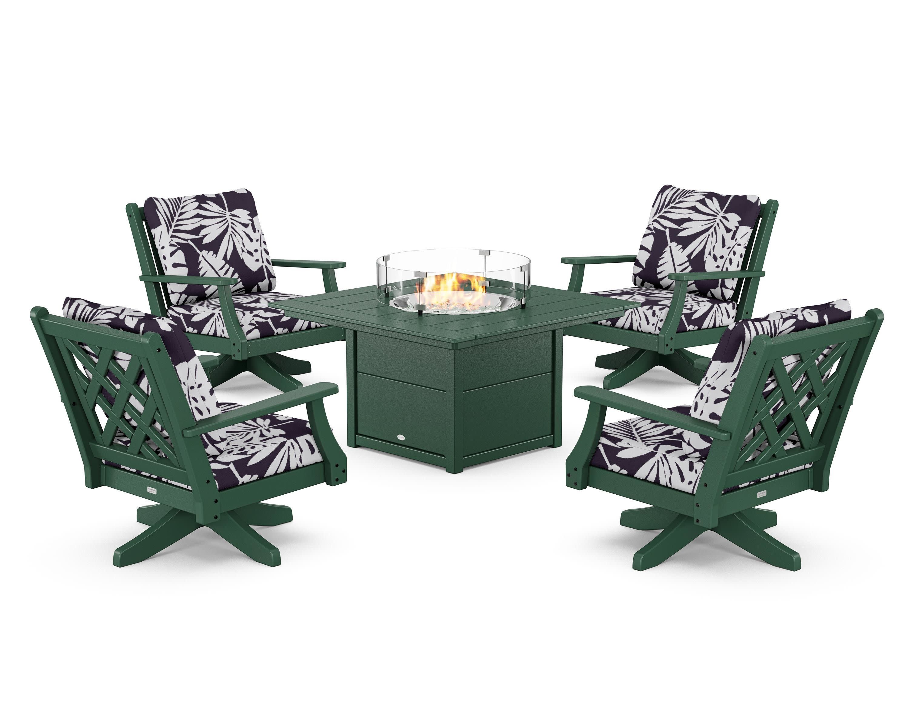 Wovendale 5-Piece Deep Seating Swivel Conversation Set with Fire Pit Table in Green / Leaf Navy