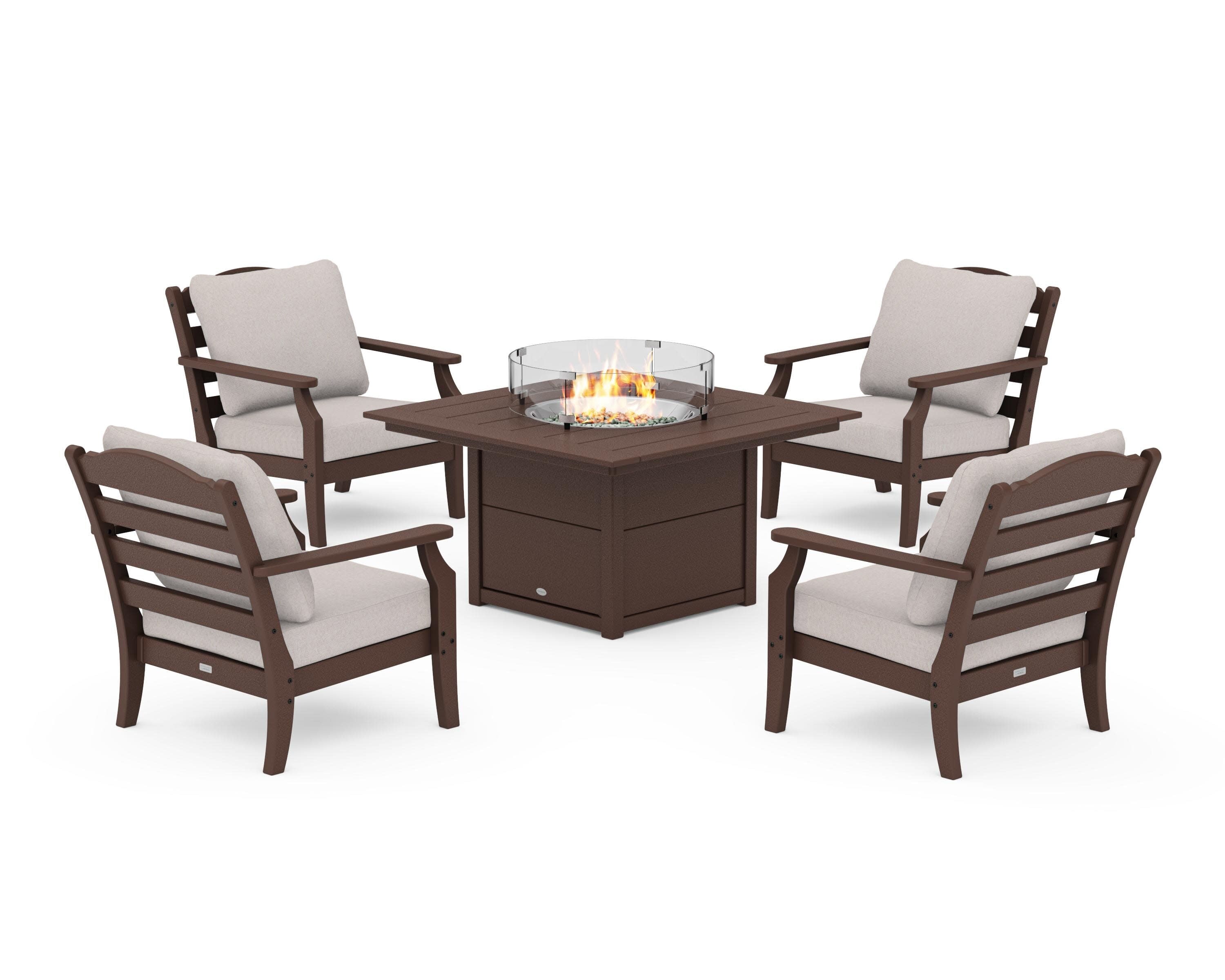 Savannah 5-Piece Deep Seating Set with Fire Pit Table in Mahogany / Dune Burlap