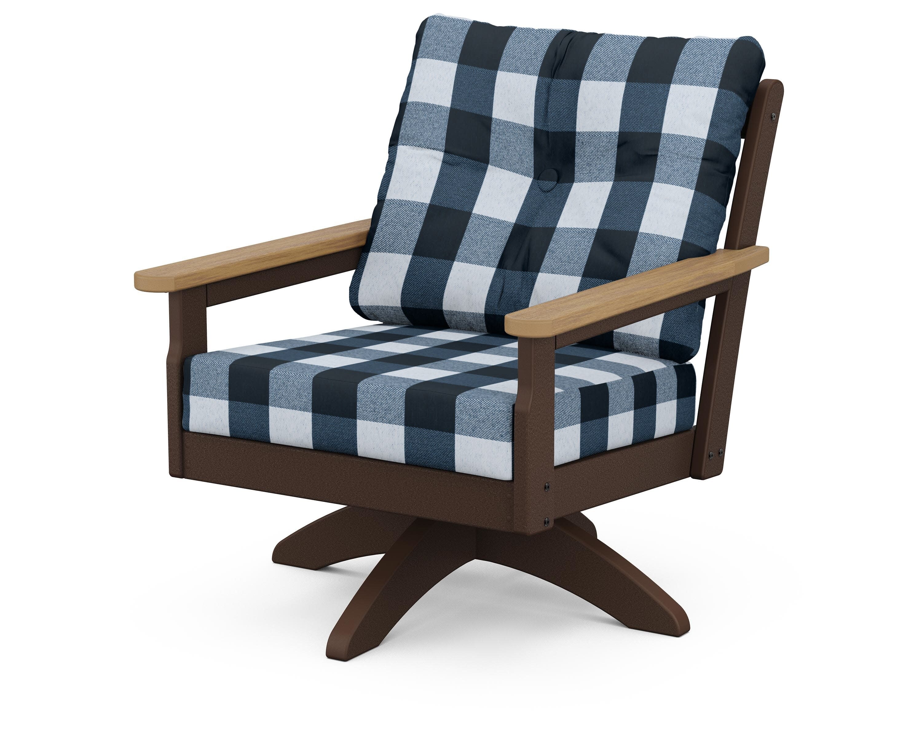 Vineyard Deep Seating Swivel Chair in Mahogany / Natural / Buffalo Plaid Marine Indigo