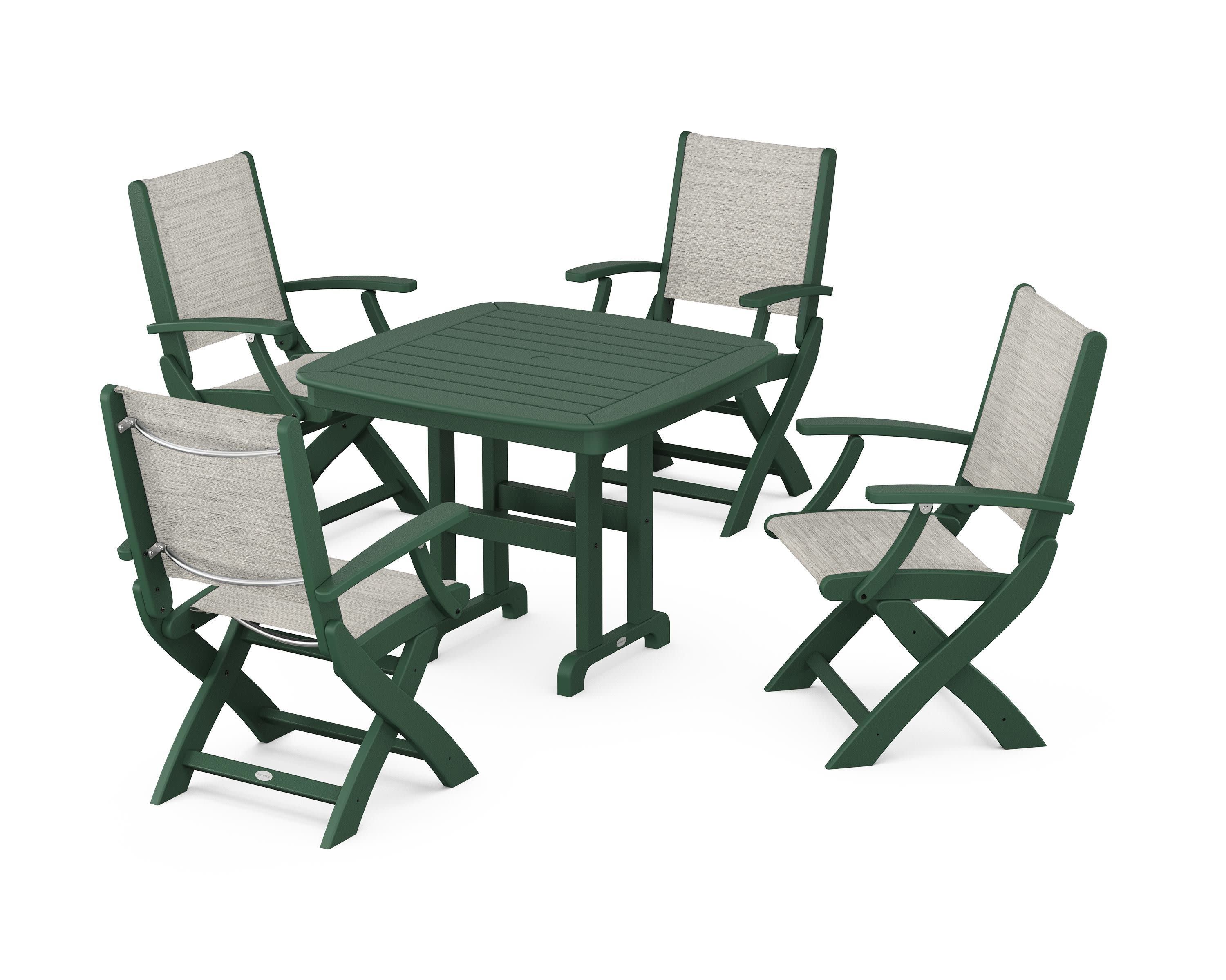 Coastal Folding Chair 5-Piece Dining Set in Green / Birch Sling