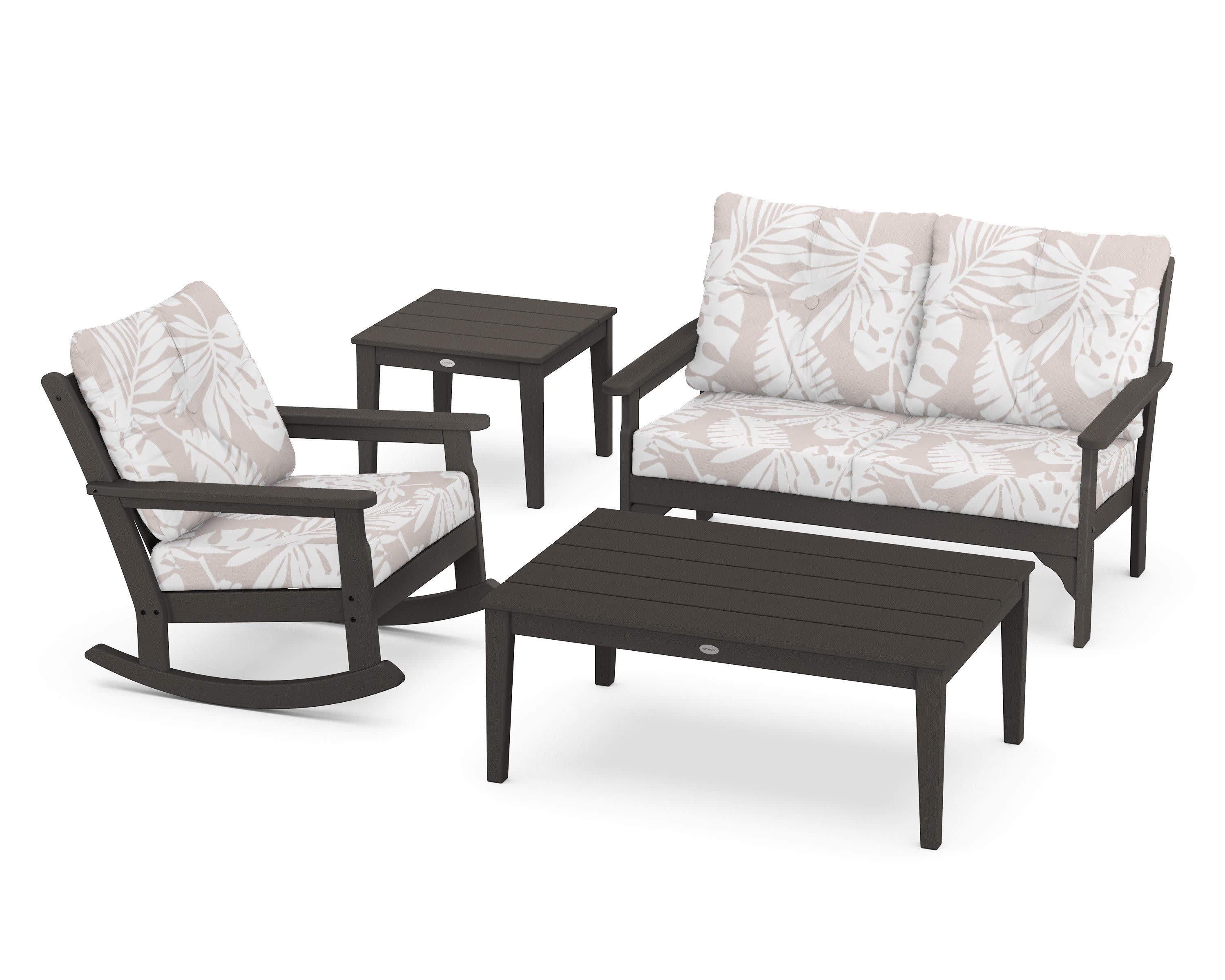 Vineyard 4-Piece Deep Seating Rocker Set in Vintage Coffee / Leaf Dune Burlap