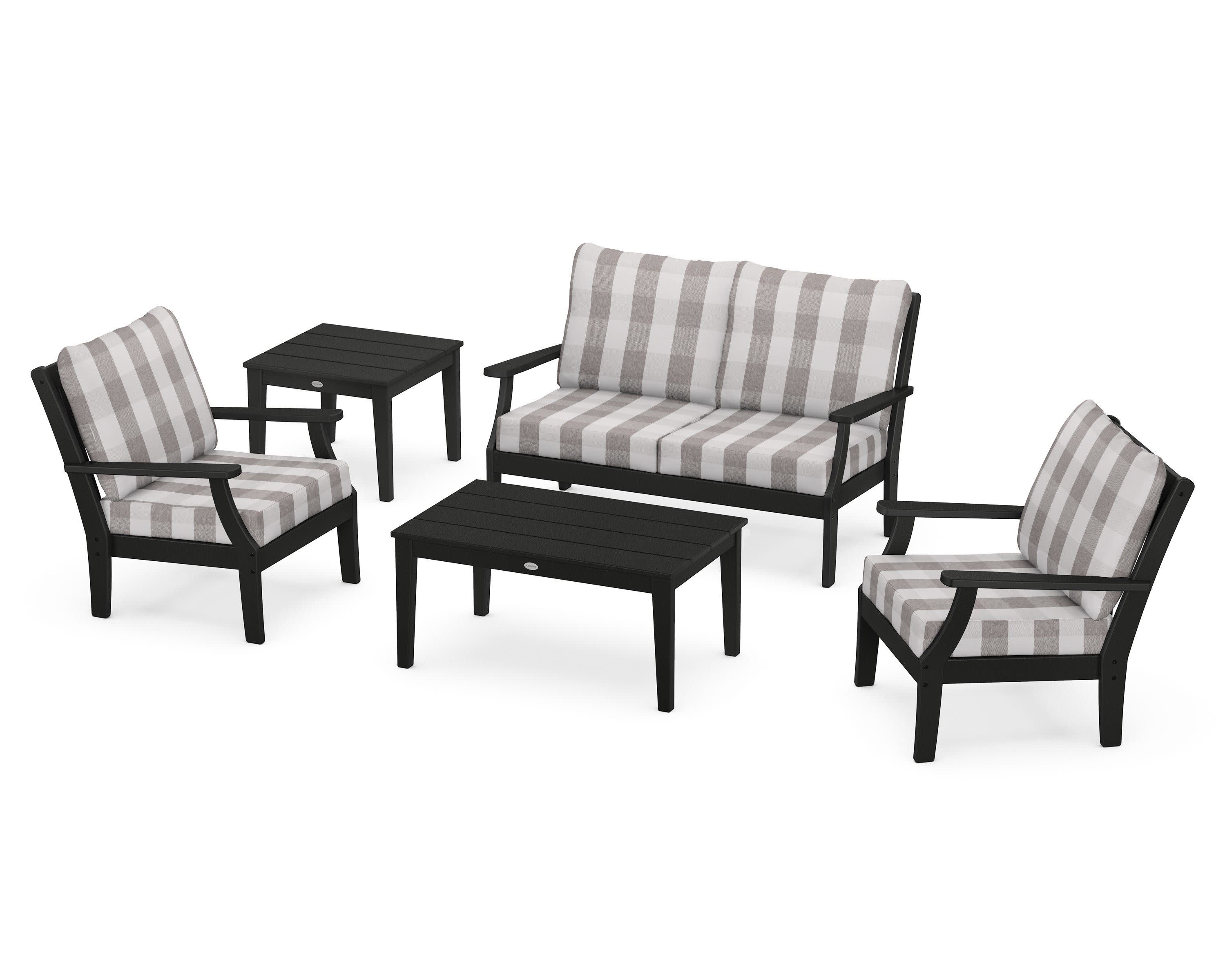 Braxton 5-Piece Deep Seating Set in Black / Buffalo Plaid Grey Mist