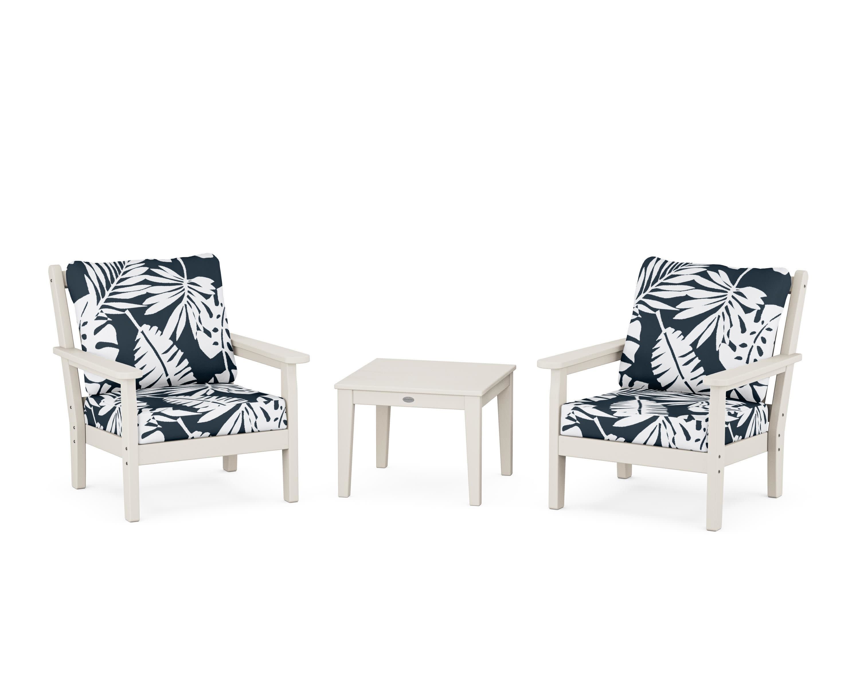 Chippendale 3-Piece Deep Seating Set in Sand / Leaf Marine Indigo