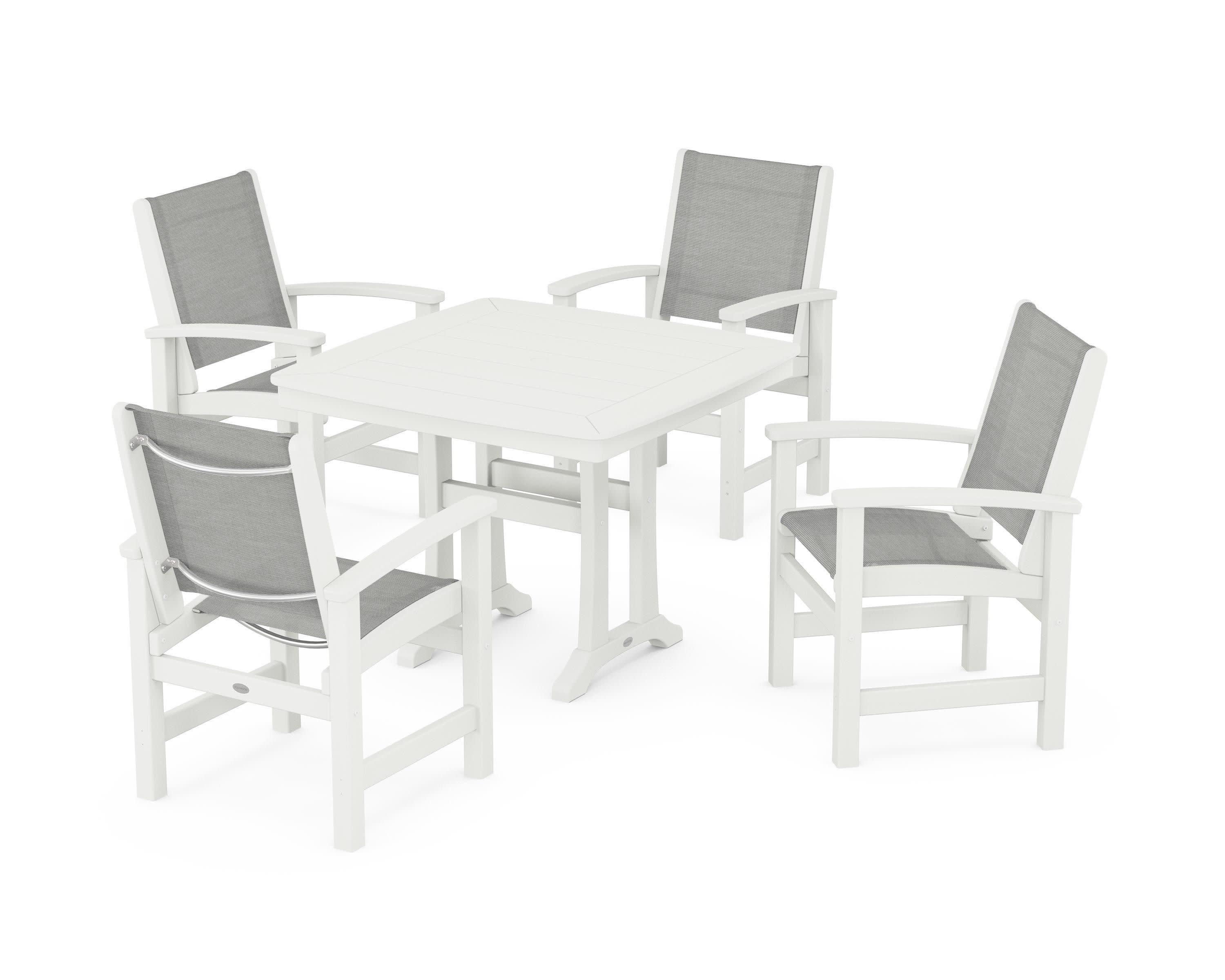 Coastal 5-Piece Dining Set with Trestle Legs in Vintage White / Metallic Sling