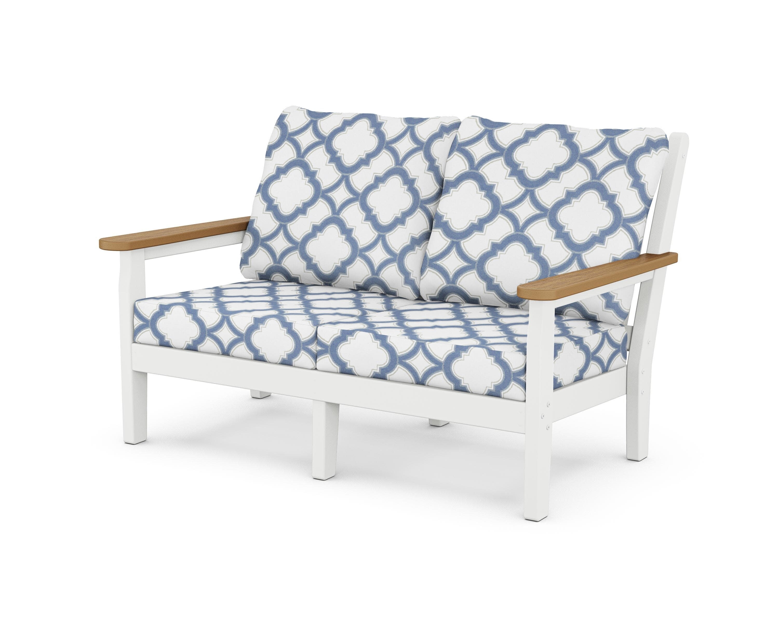 Chippendale Deep Seating Loveseat in White / Natural / Trellis Sky Blue