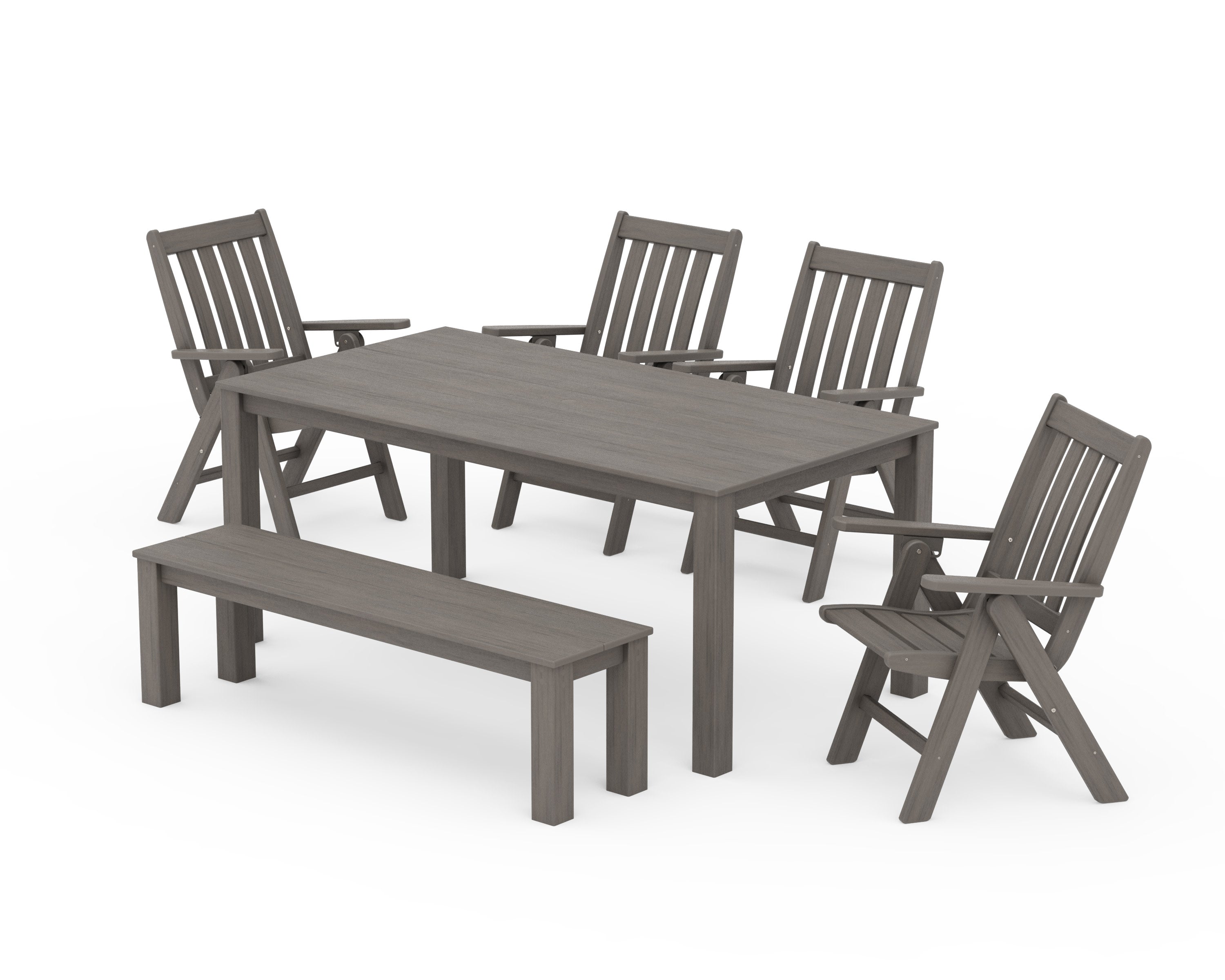 Vineyard Folding Chair 6-Piece Parsons Dining Set with Bench in Driftwood