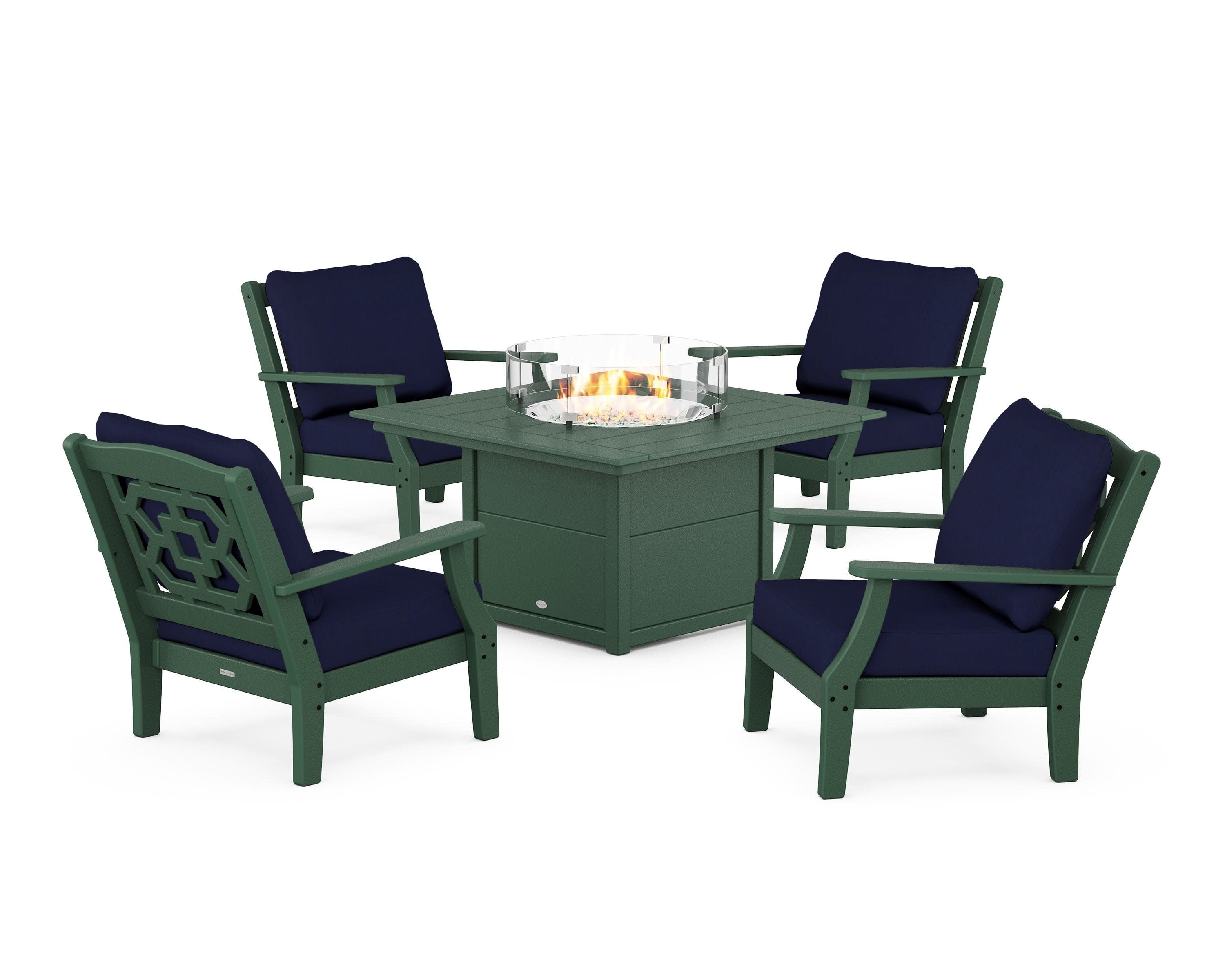 Chinoiserie 5-Piece Deep Seating Set with Fire Pit Table in Green / Navy