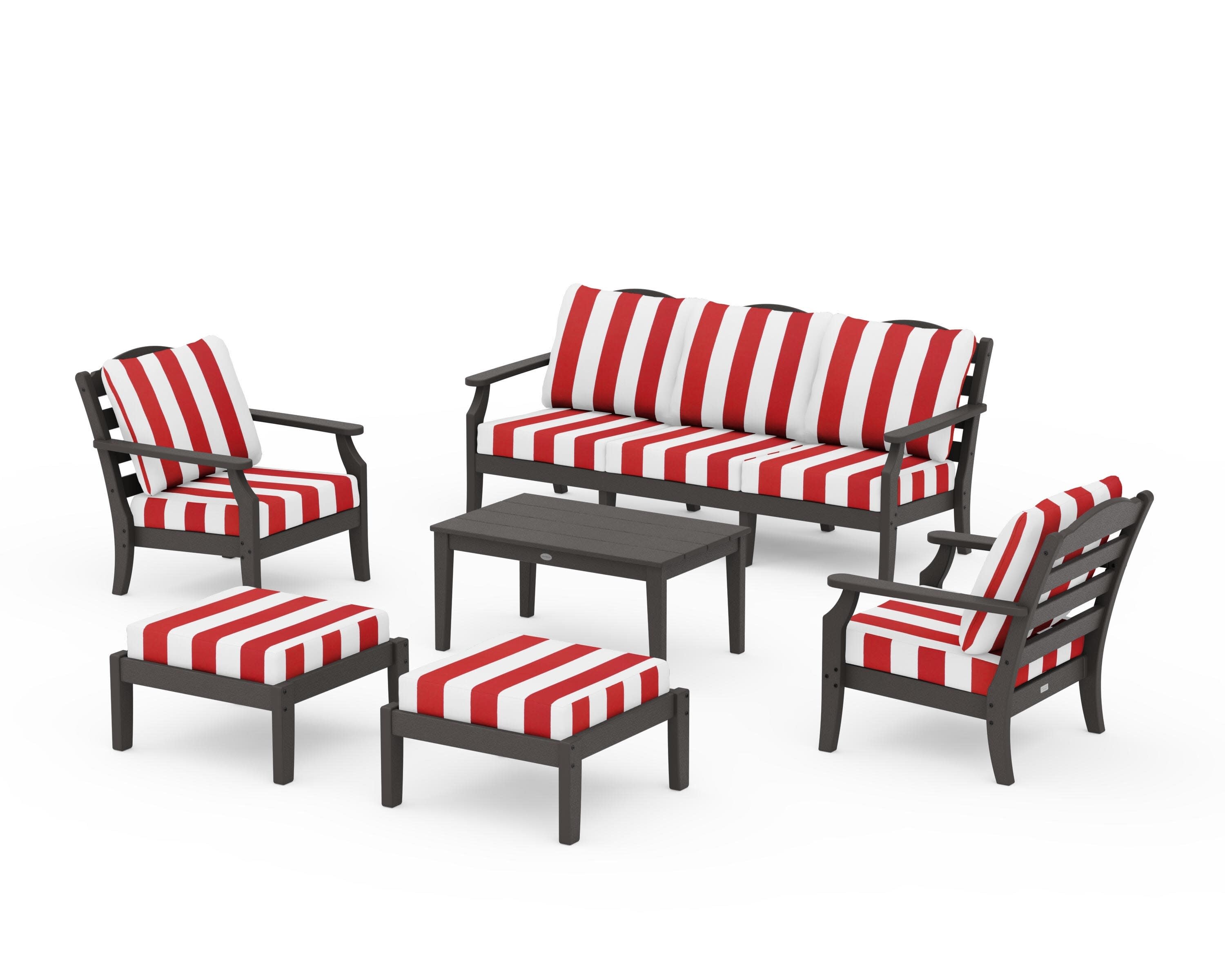 Savannah 6-Piece Lounge Sofa Set in Vintage Coffee / Cabana Stripe Crimson