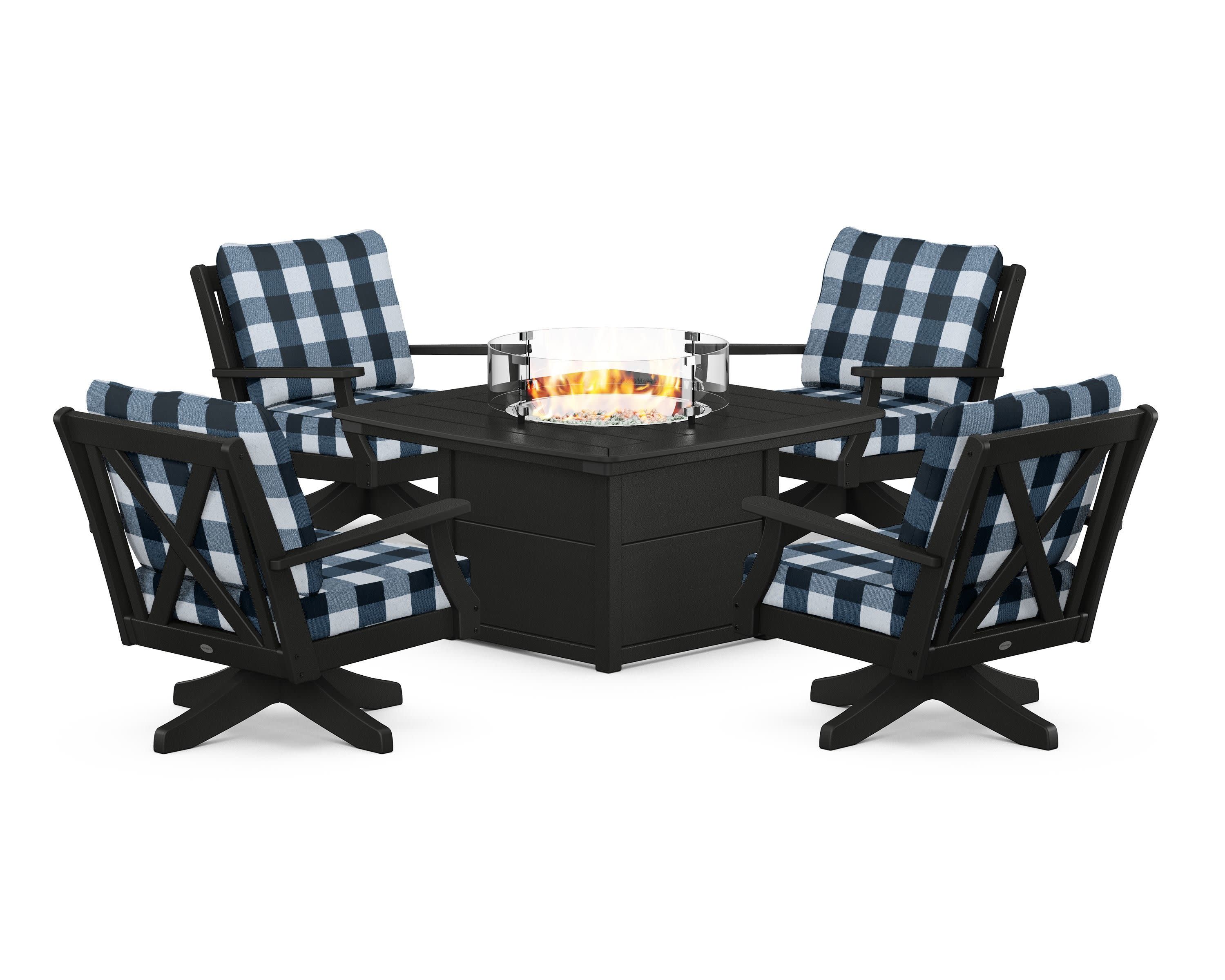 Braxton 5-Piece Deep Seating Swivel Conversation Set with Fire Pit Table in Black / Buffalo Plaid Marine Indigo