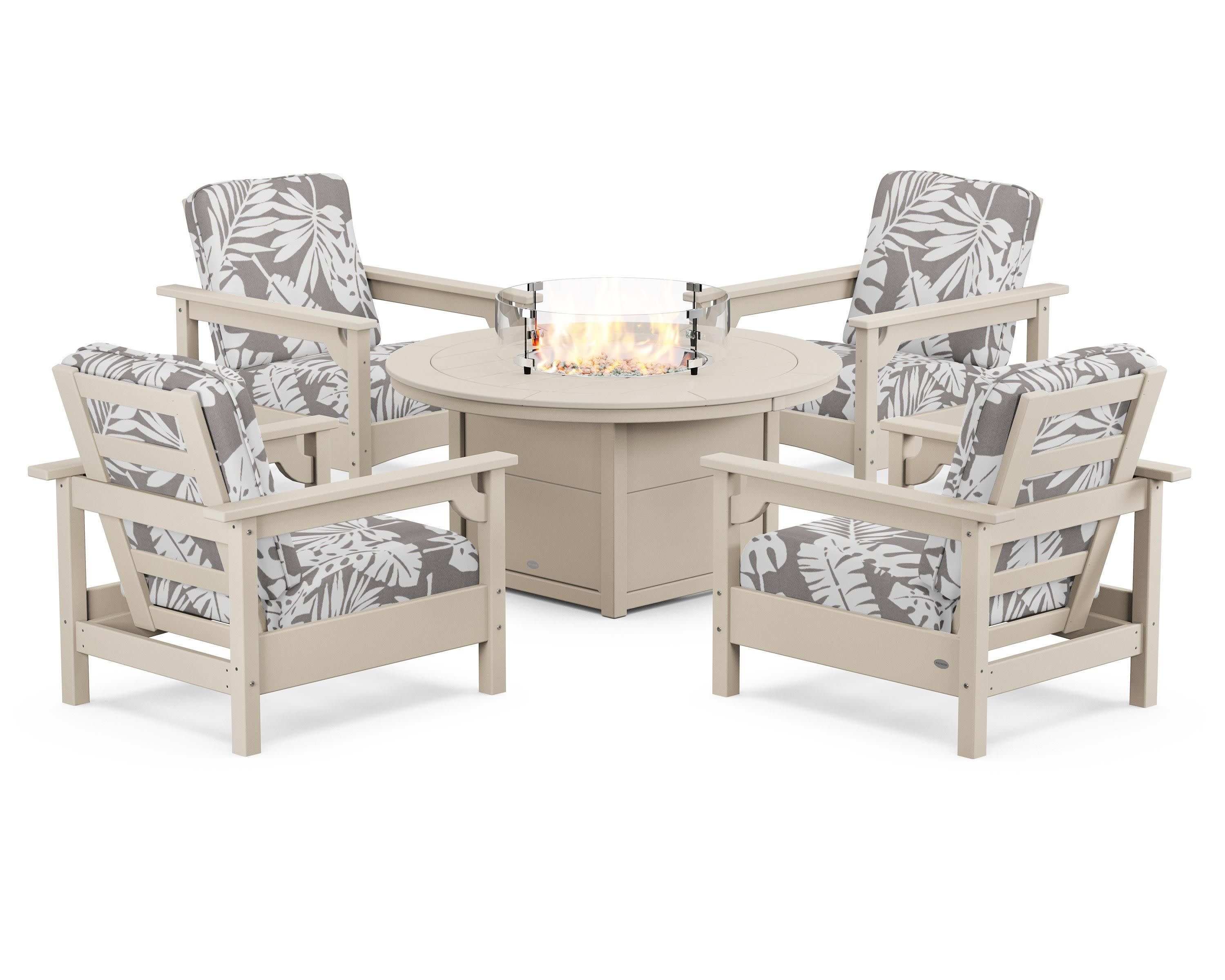 Club 5-Piece Conversation Set with Fire Pit Table in Sand / Leaf Grey Mist
