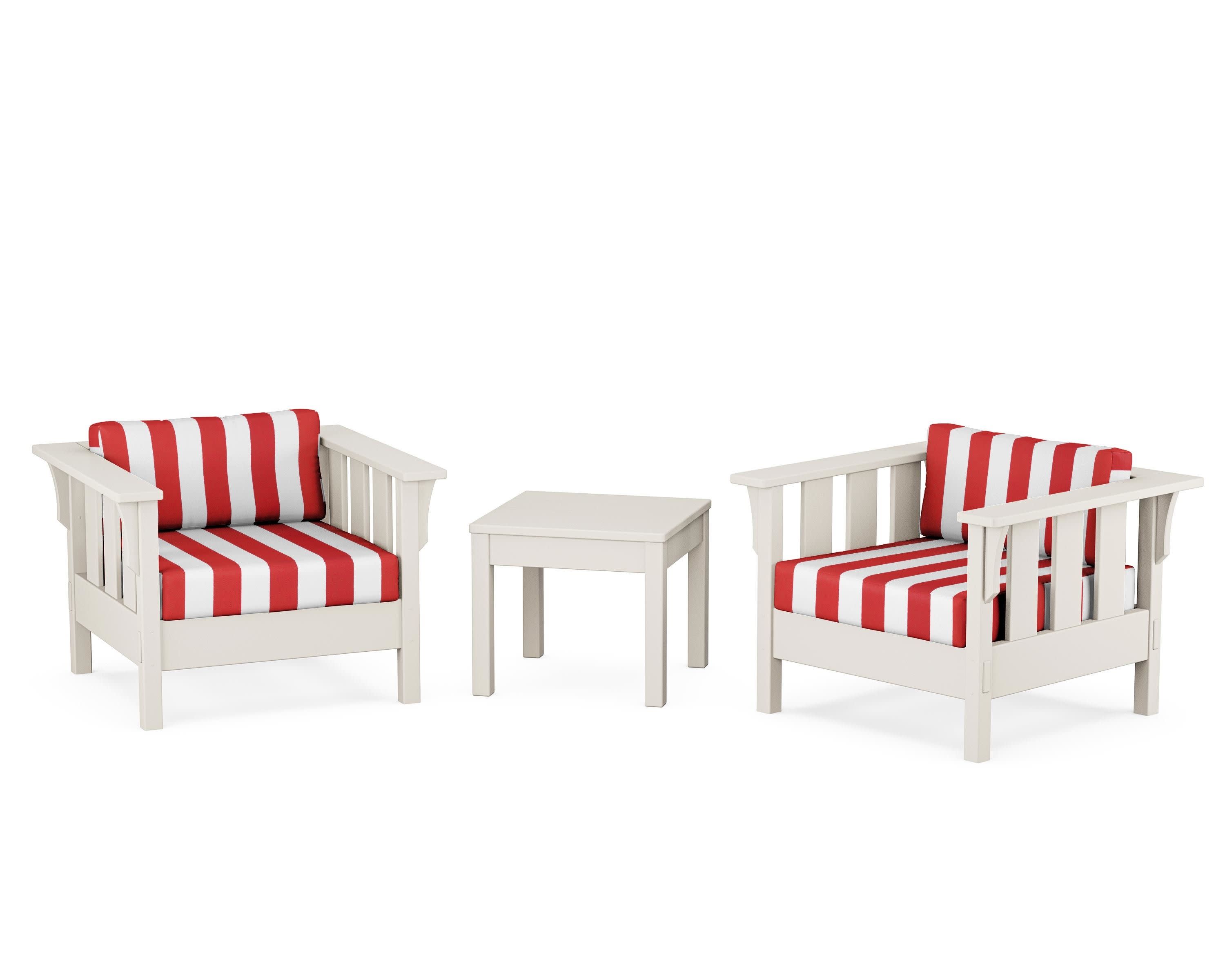 Acadia 3-Piece Deep Seating Set in Sand / Cabana Stripe Crimson
