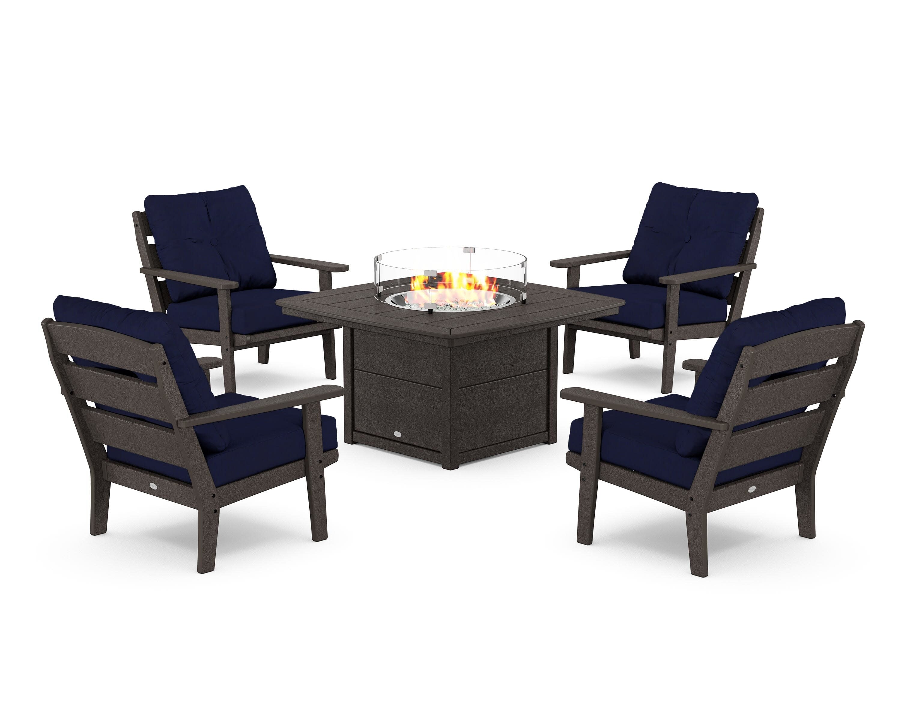 Lakeside 5-Piece Deep Seating Set with Nautical Fire Pit Table in Vintage Coffee / Navy