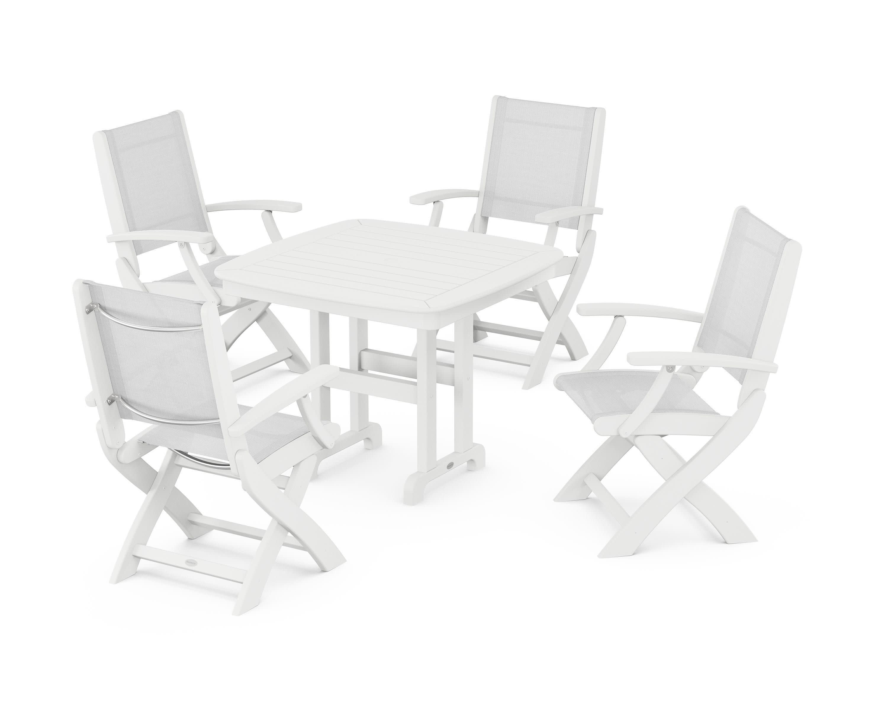 Coastal Folding Chair 5-Piece Dining Set in White / White Sling