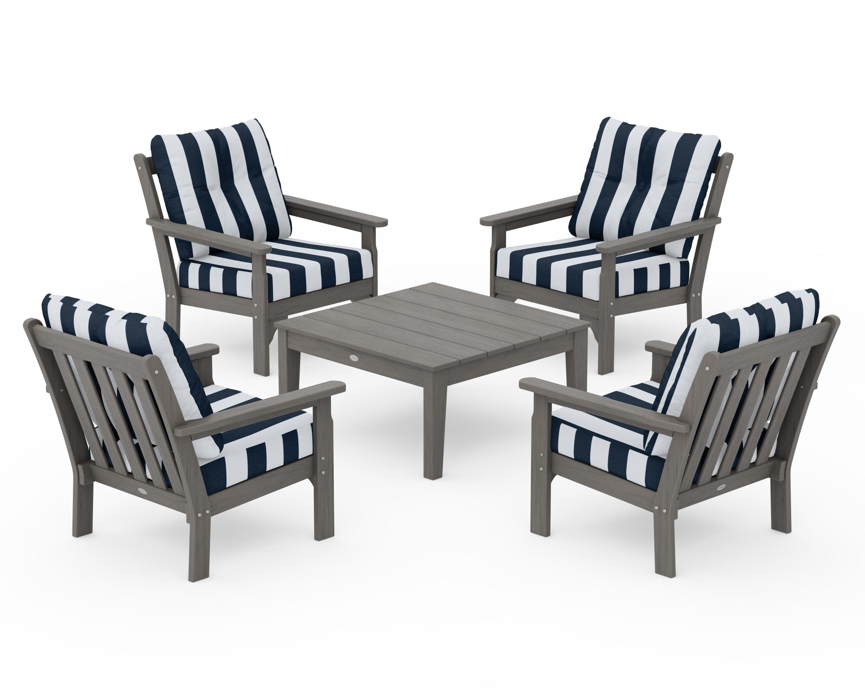 Vineyard 5-Piece Deep Seating Conversation Set in Driftwood / Cabana Stripe Marine Indigo