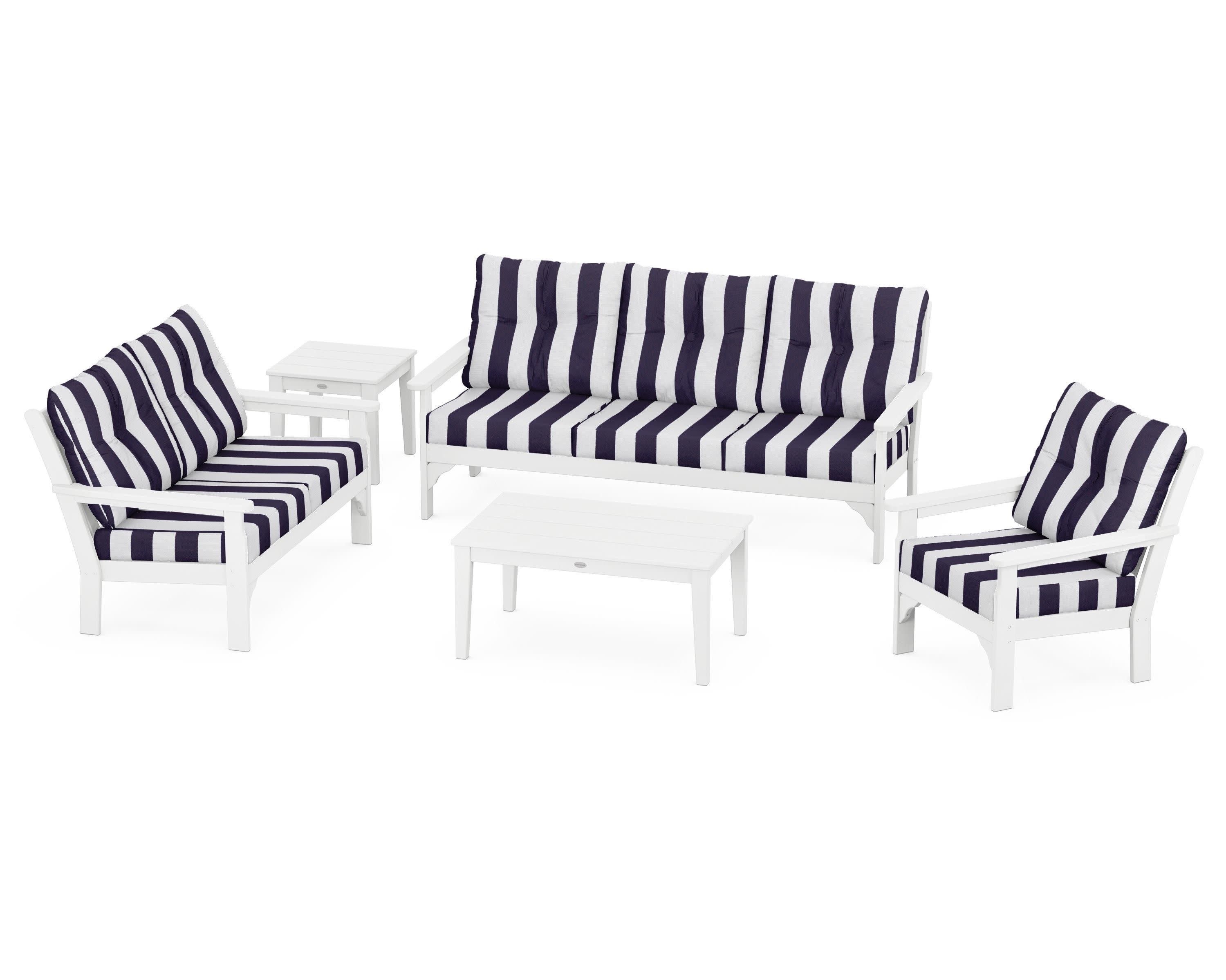 Vineyard 5 Piece Deep Seating Set in White / Cabana Stripe Navy