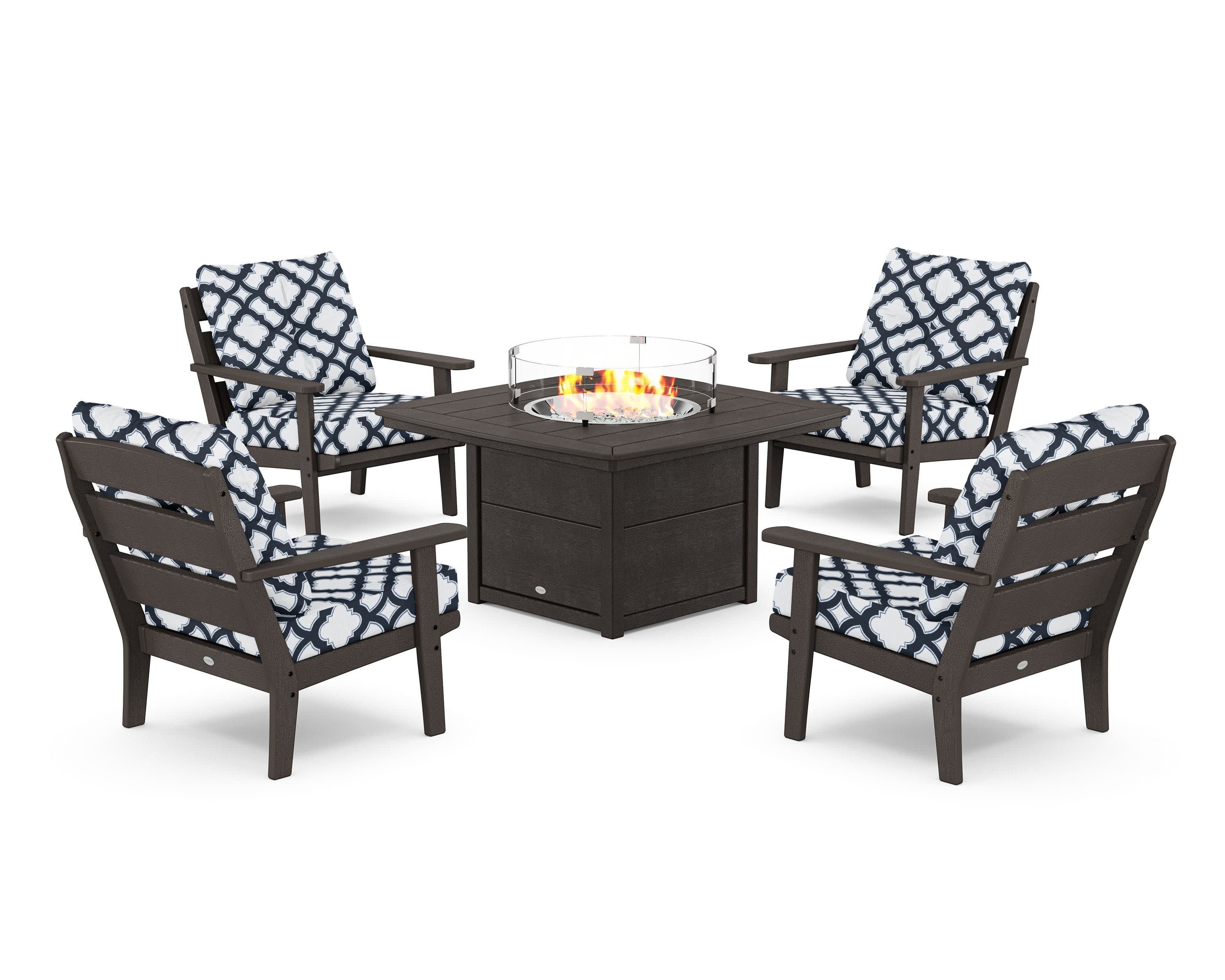 Lakeside 5-Piece Deep Seating Set with Nautical Fire Pit Table in Vintage Coffee / Trellis Marine Indigo