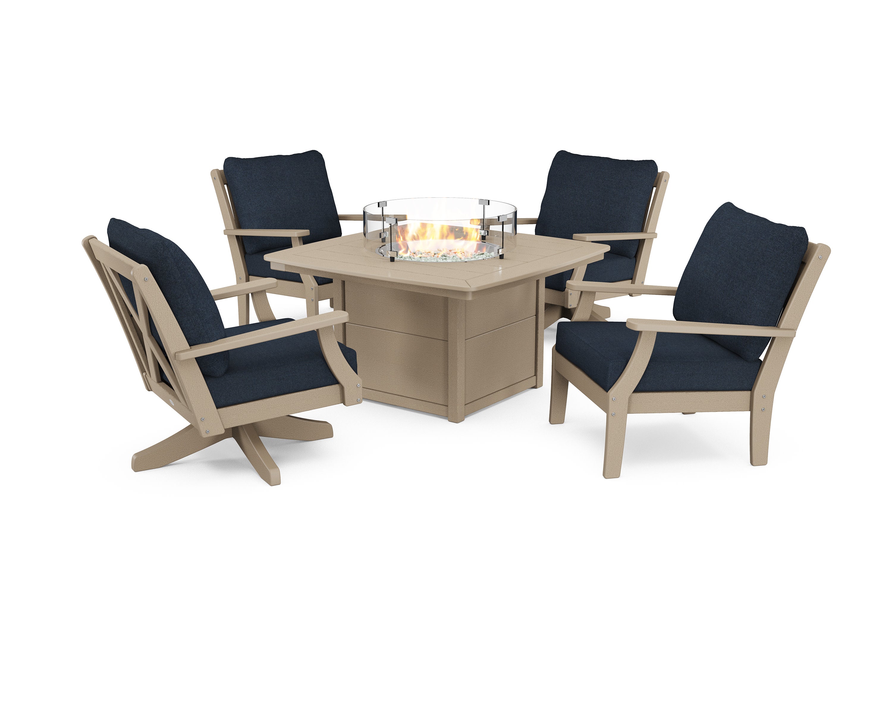 Braxton 5-Piece Deep Seating Set with Fire Table in Vintage Sahara / Marine Indigo