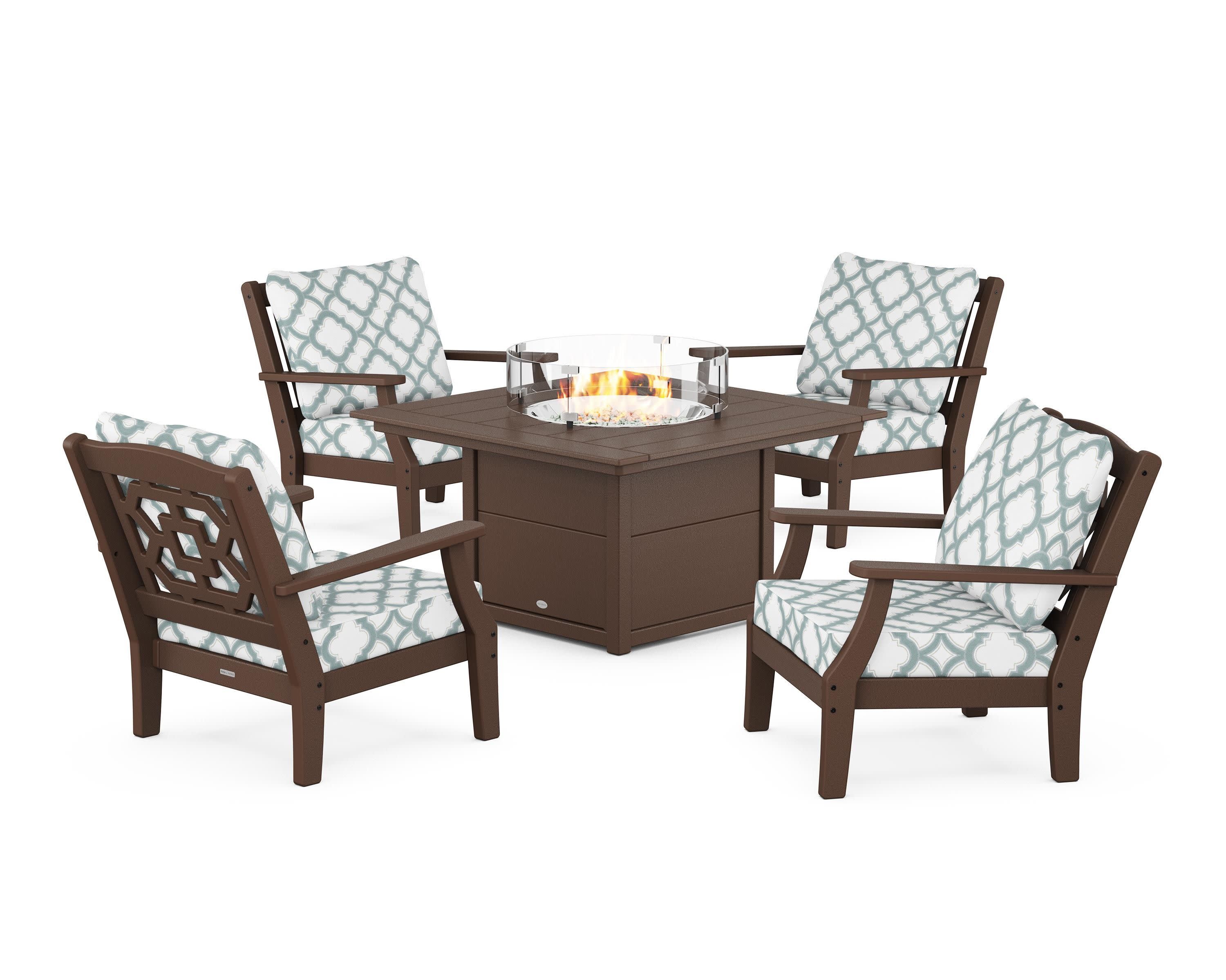Chinoiserie 5-Piece Deep Seating Set with Fire Pit Table in Mahogany / Trellis Glacier Spa