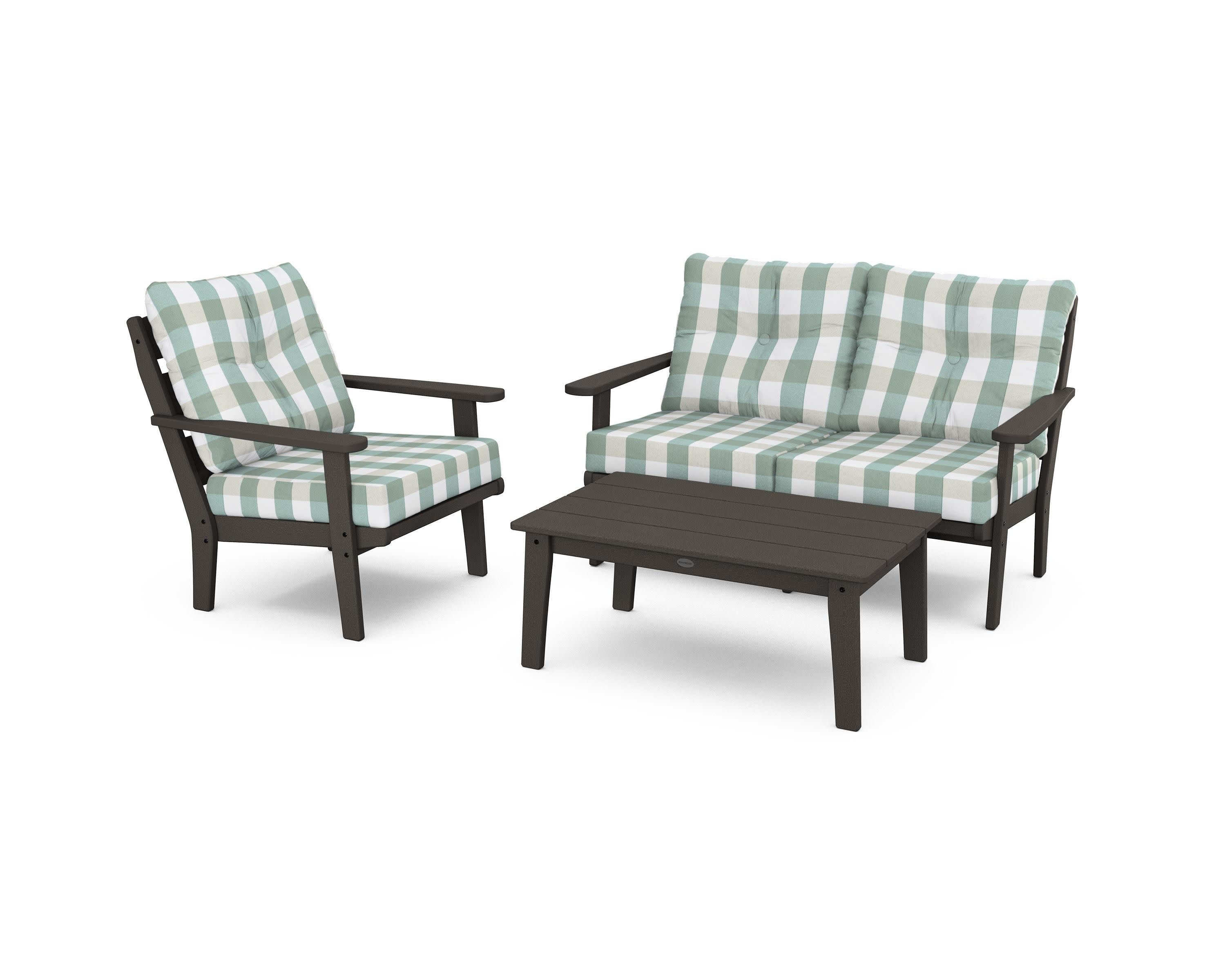 Lakeside 3-Piece Deep Seating Set in Vintage Coffee / Buffalo Plaid Glacier Spa