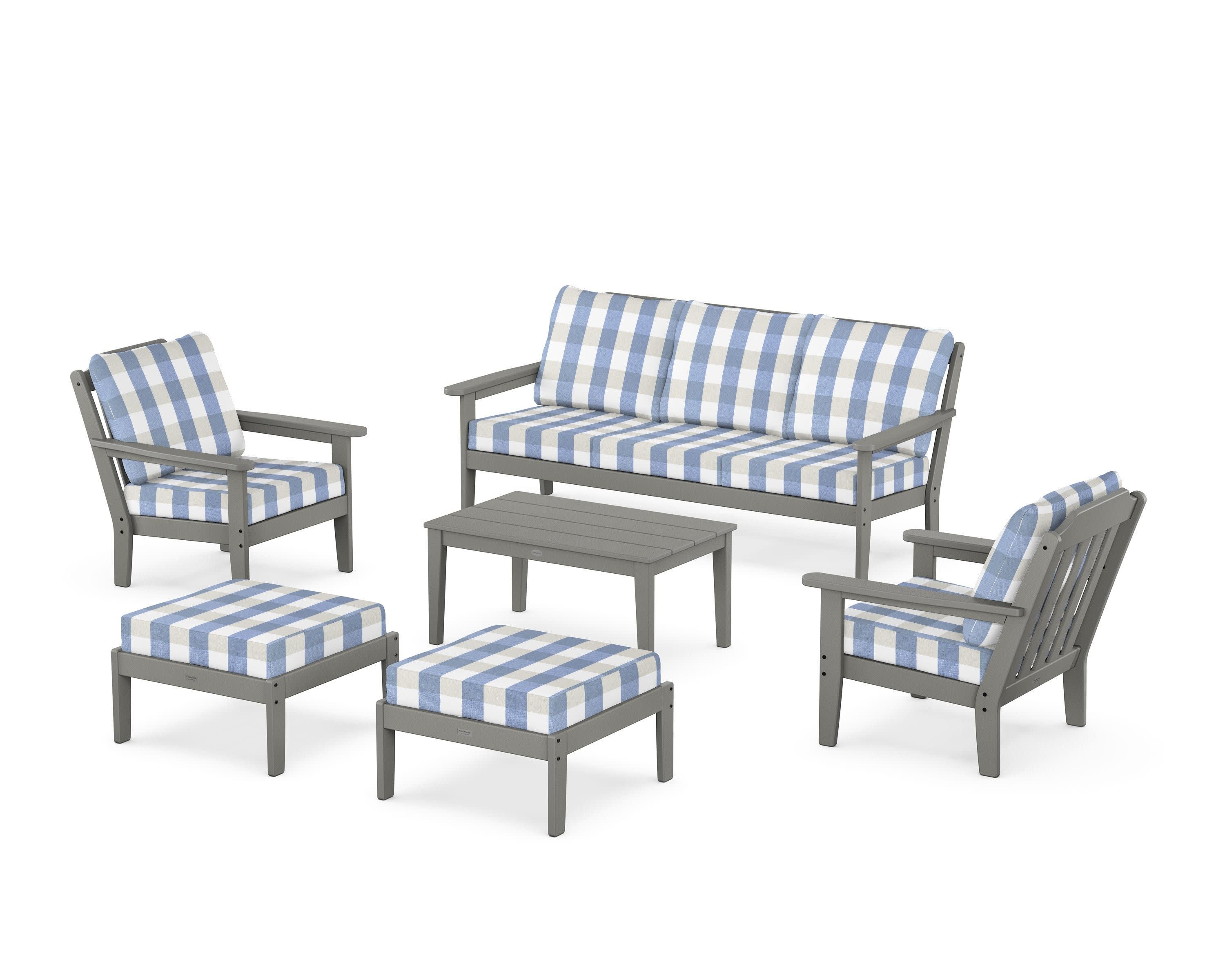Cottage 6-Piece Lounge Sofa Set in Slate Grey / Buffalo Plaid Sky Blue
