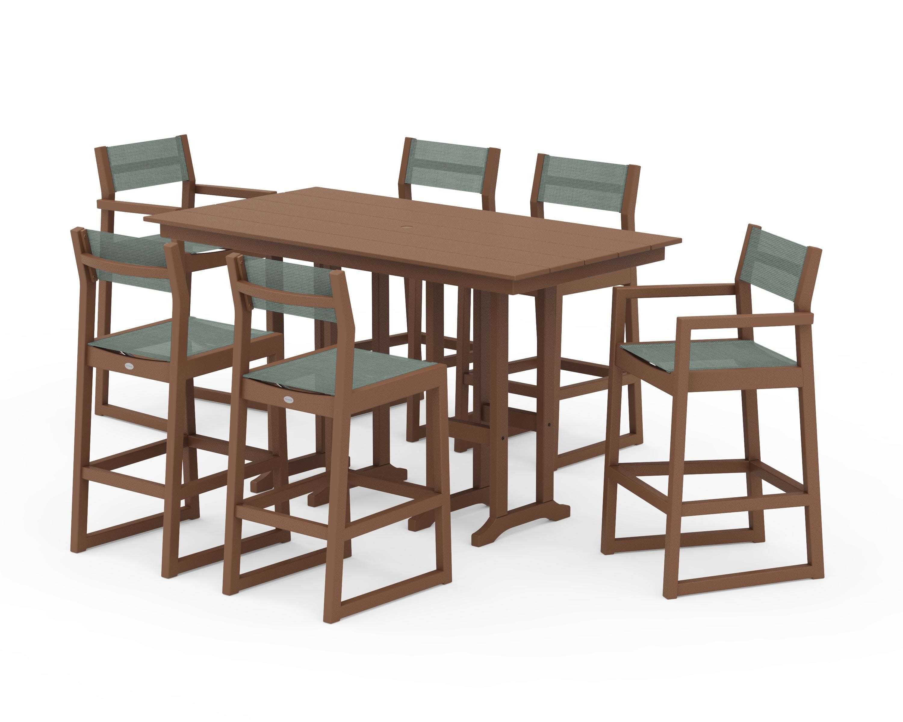 EDGE Sling 7-Piece Farmhouse Bar Set in Teak / Dupioni Sea Mist Sling