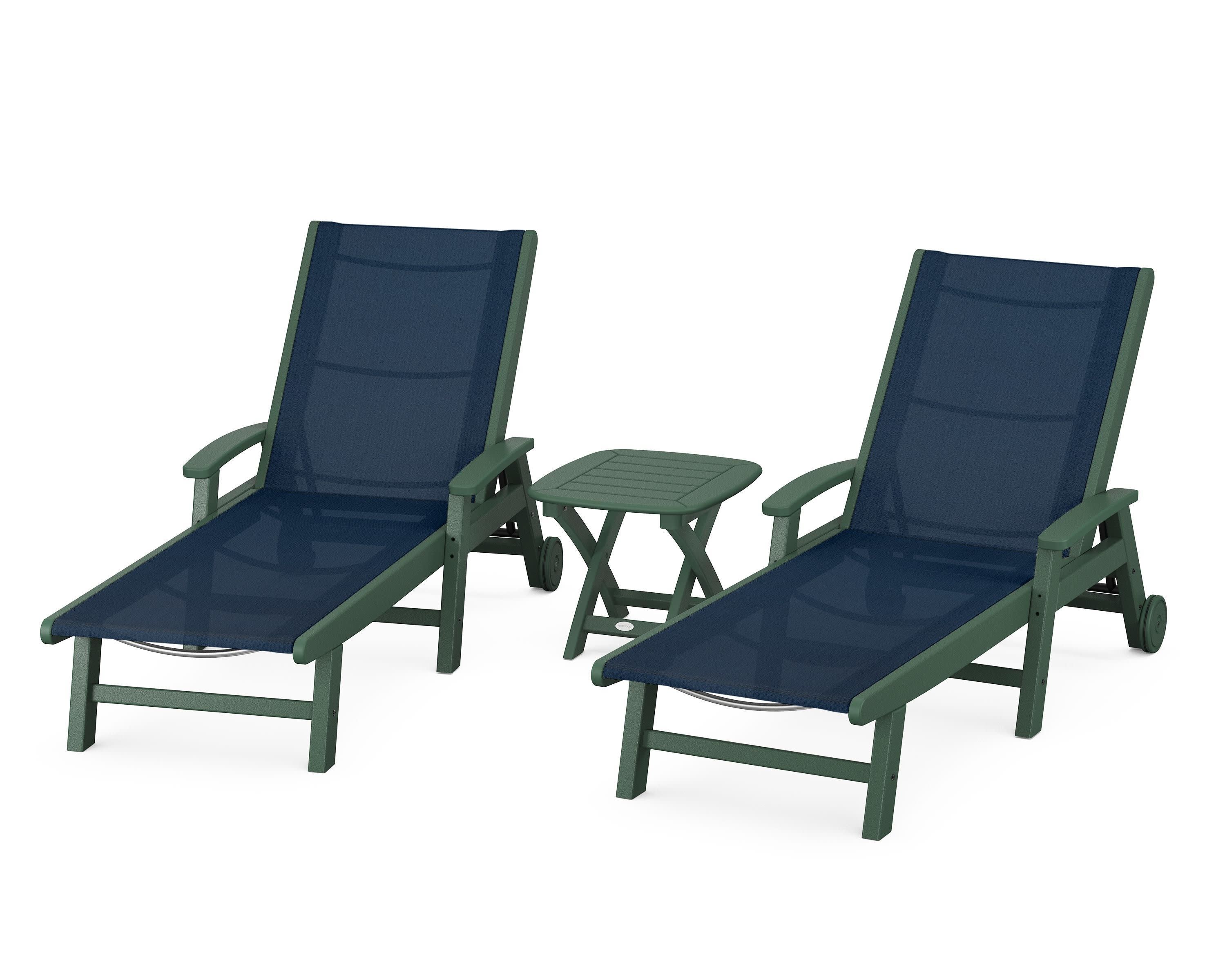 Coastal 3-Piece Wheeled Chaise Set in Green / Navy Blue Sling