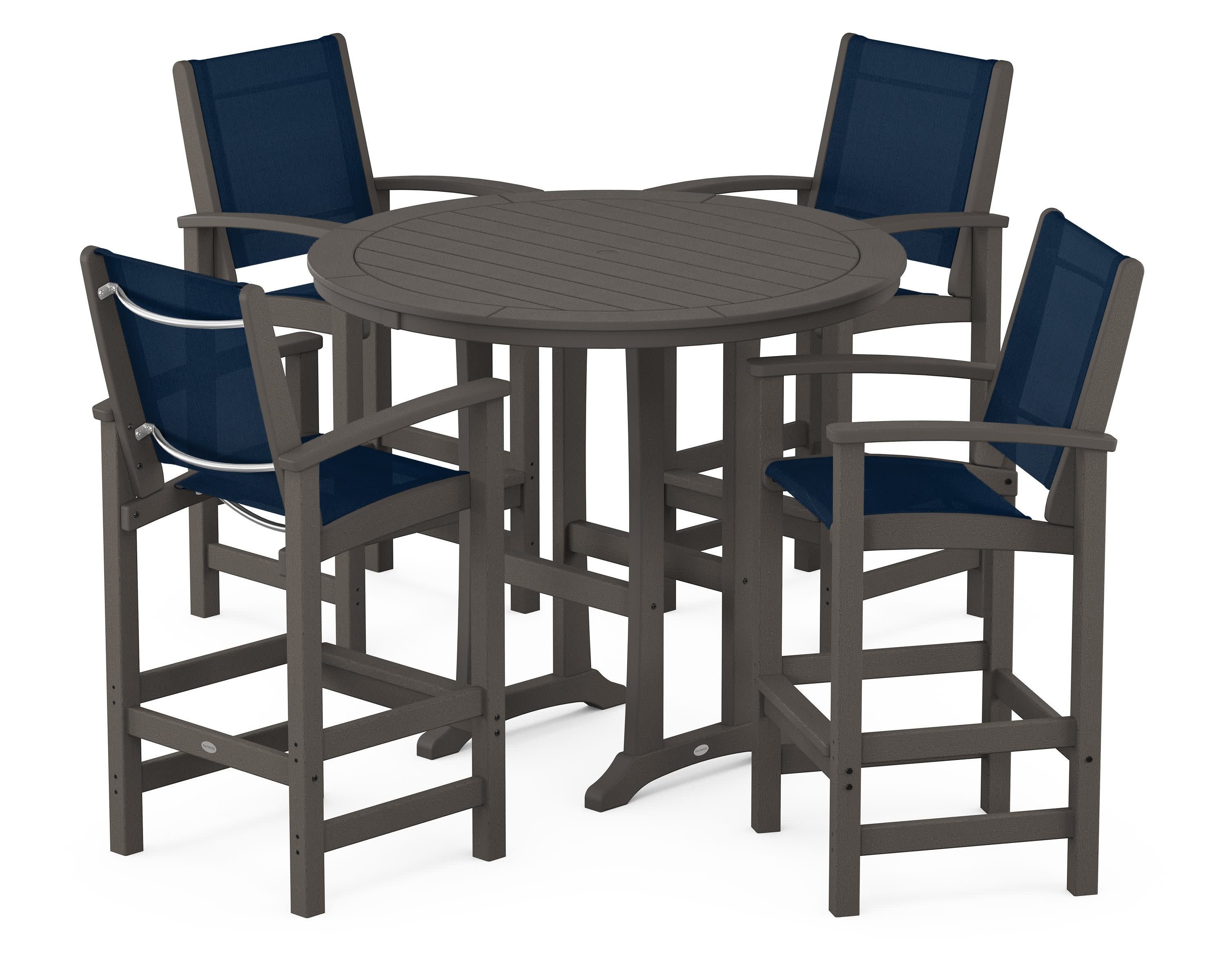 Coastal 5-Piece Nautical Trestle Bar Set in Vintage Coffee / Navy Blue Sling