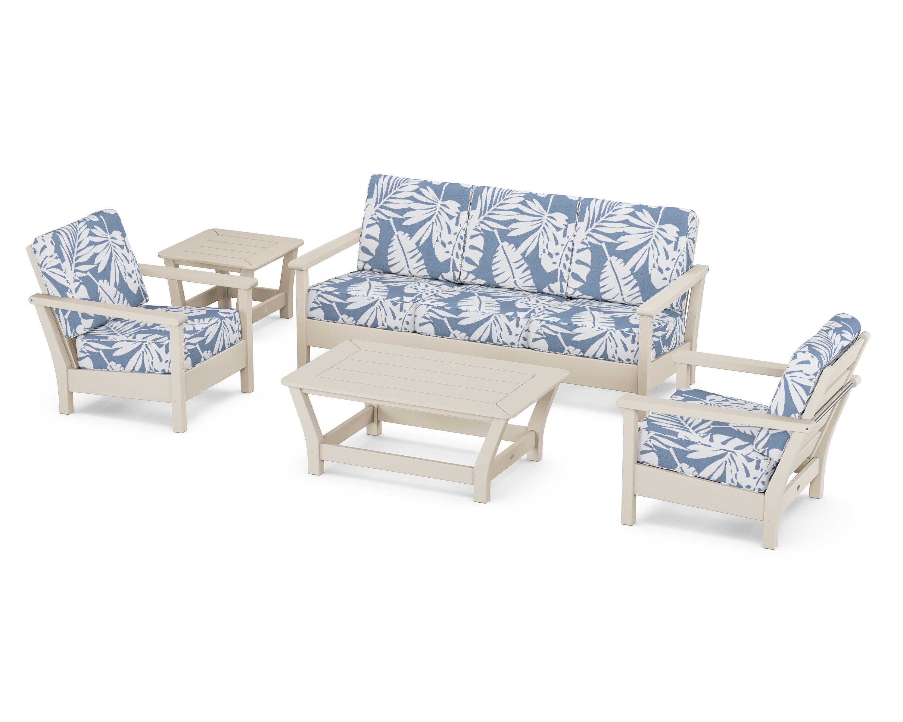 Harbour 5-Piece Deep Seating Set in Sand / Leaf Sky Blue