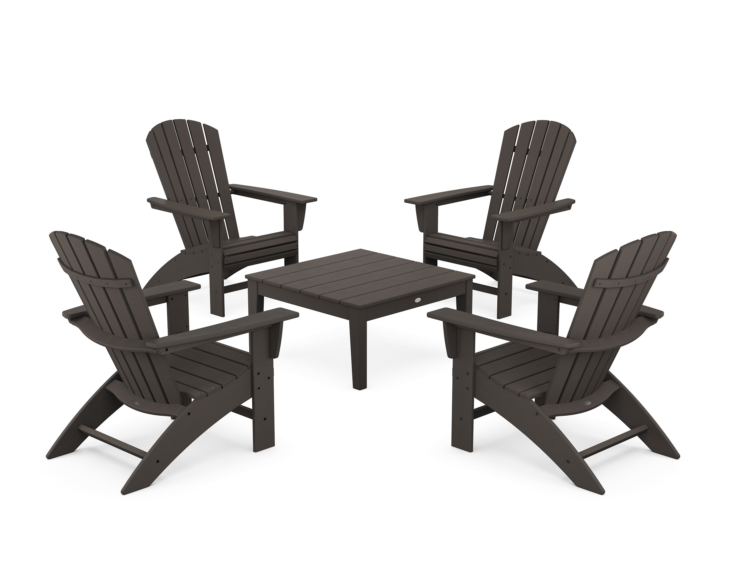 5-Piece Nautical Curveback Adirondack Chair Conversation Set with 36" Conversation Table in Vintage Coffee
