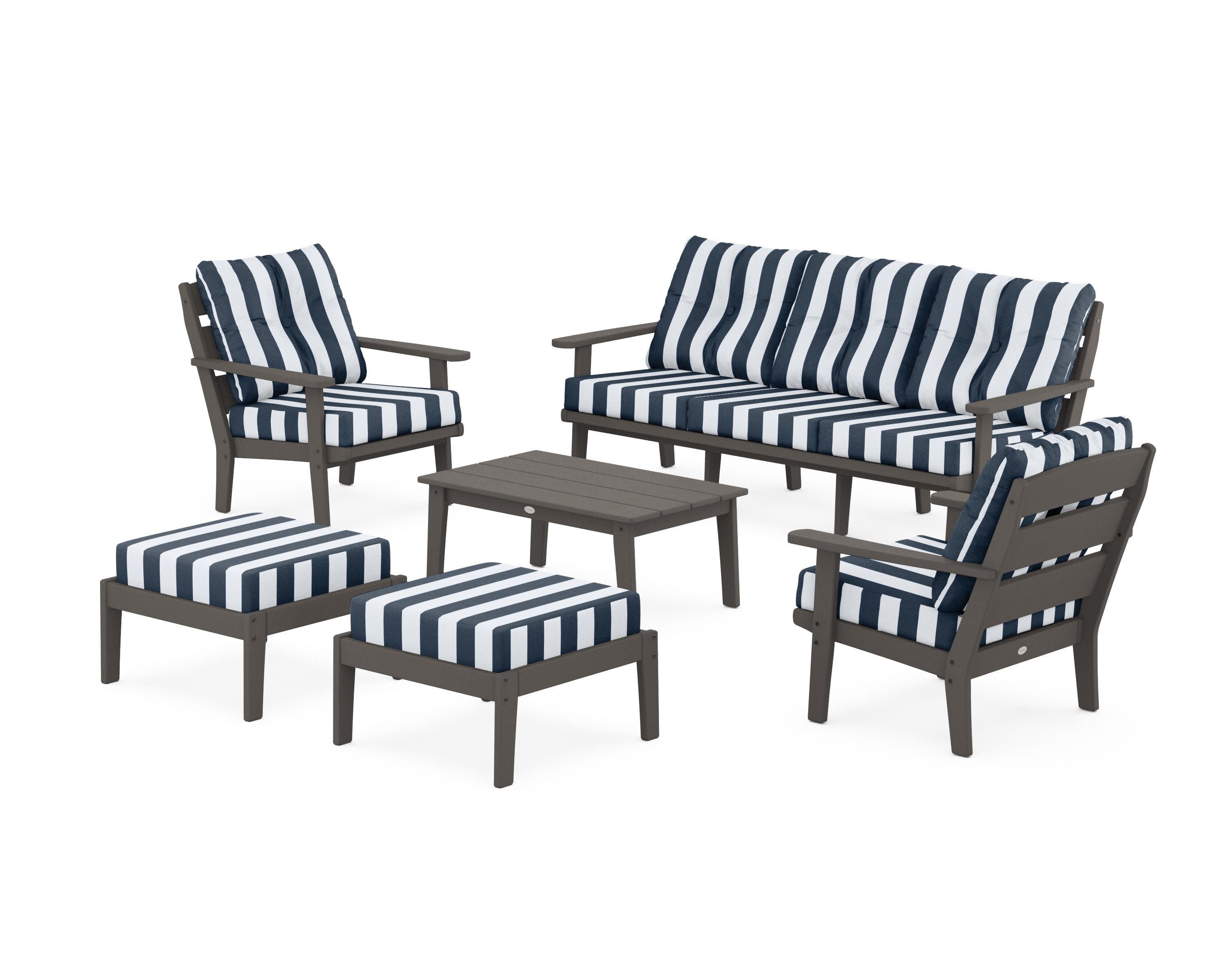 Lakeside 6-Piece Lounge Sofa Set in Vintage Coffee / Cabana Stripe Marine Indigo