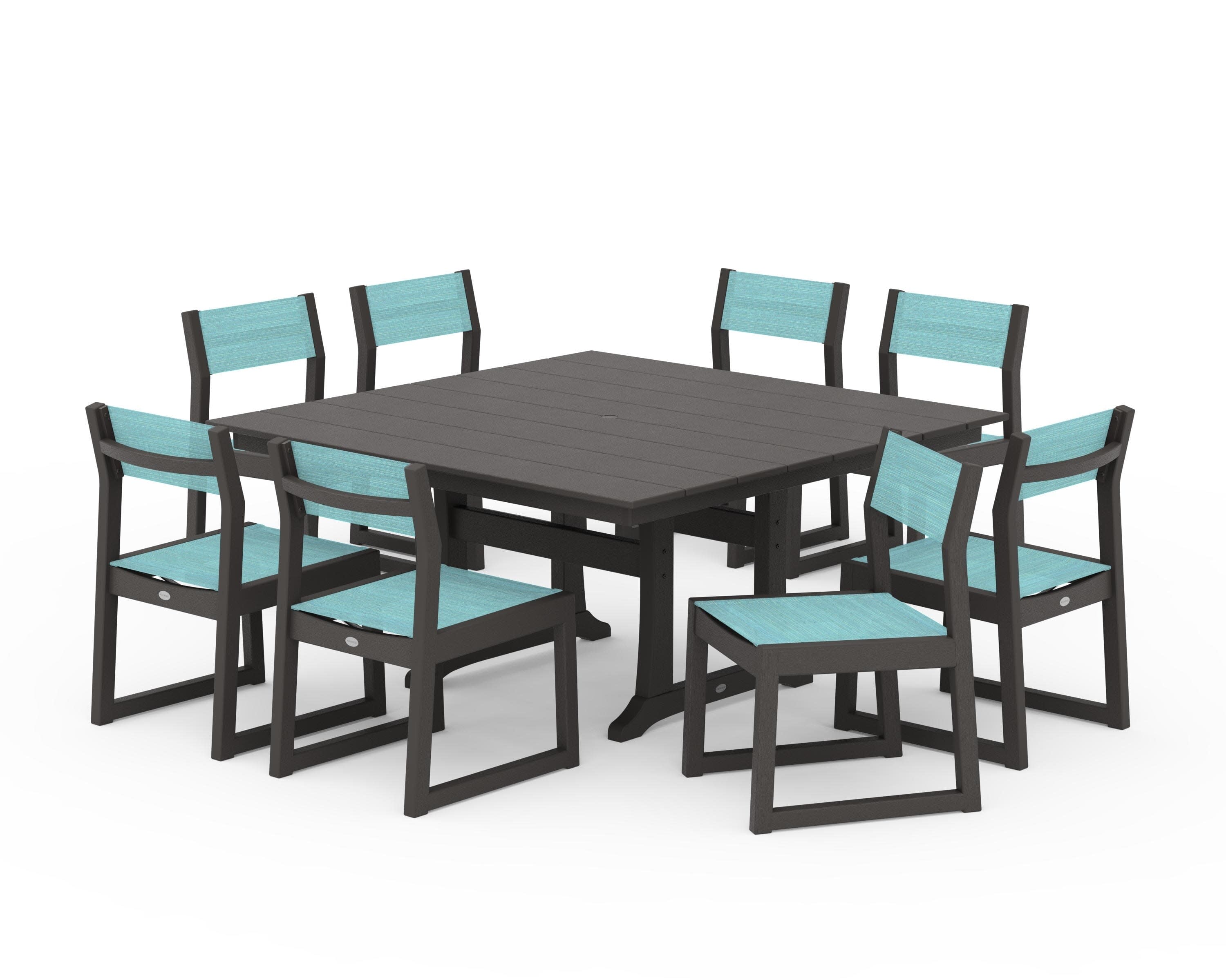 EDGE Sling Side Chair 9-Piece Farmhouse Trestle Dining Set in Vintage Coffee / Dupioni Aquamarine Sling