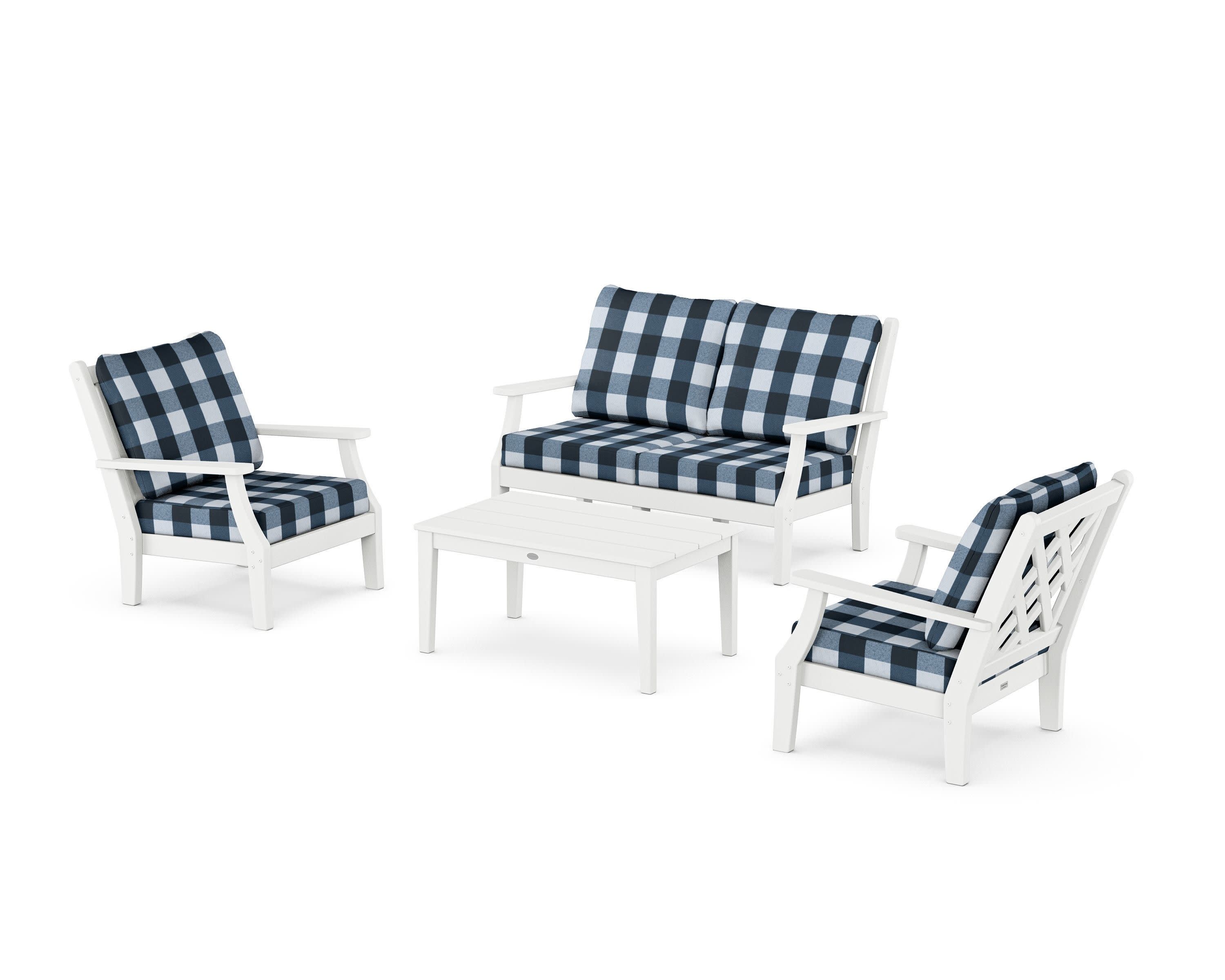 Wovendale 4-Piece Deep Seating Set with Loveseat in White / Buffalo Plaid Marine Indigo