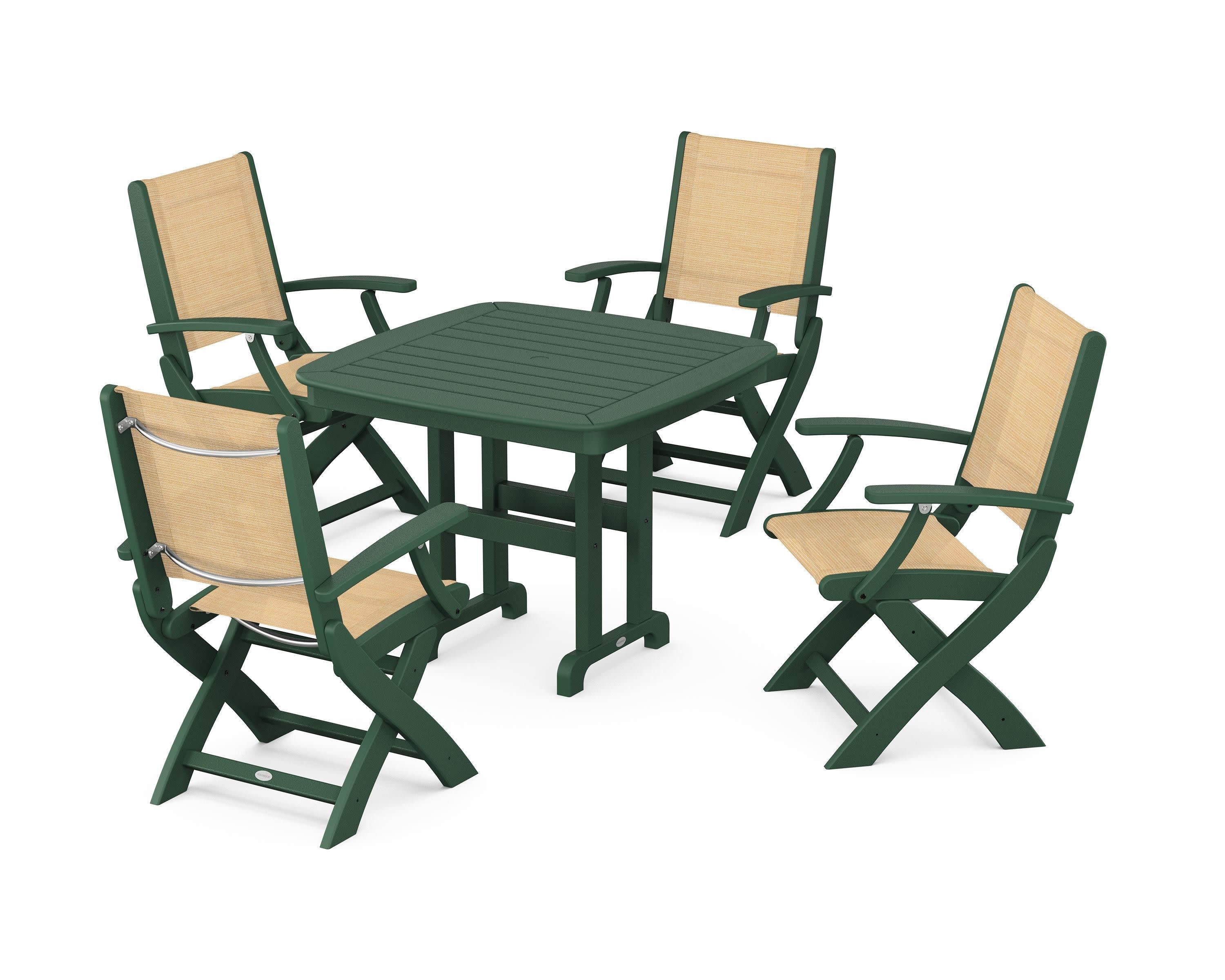 Coastal Folding Chair 5-Piece Dining Set in Green / Dupioni Apricot Sling