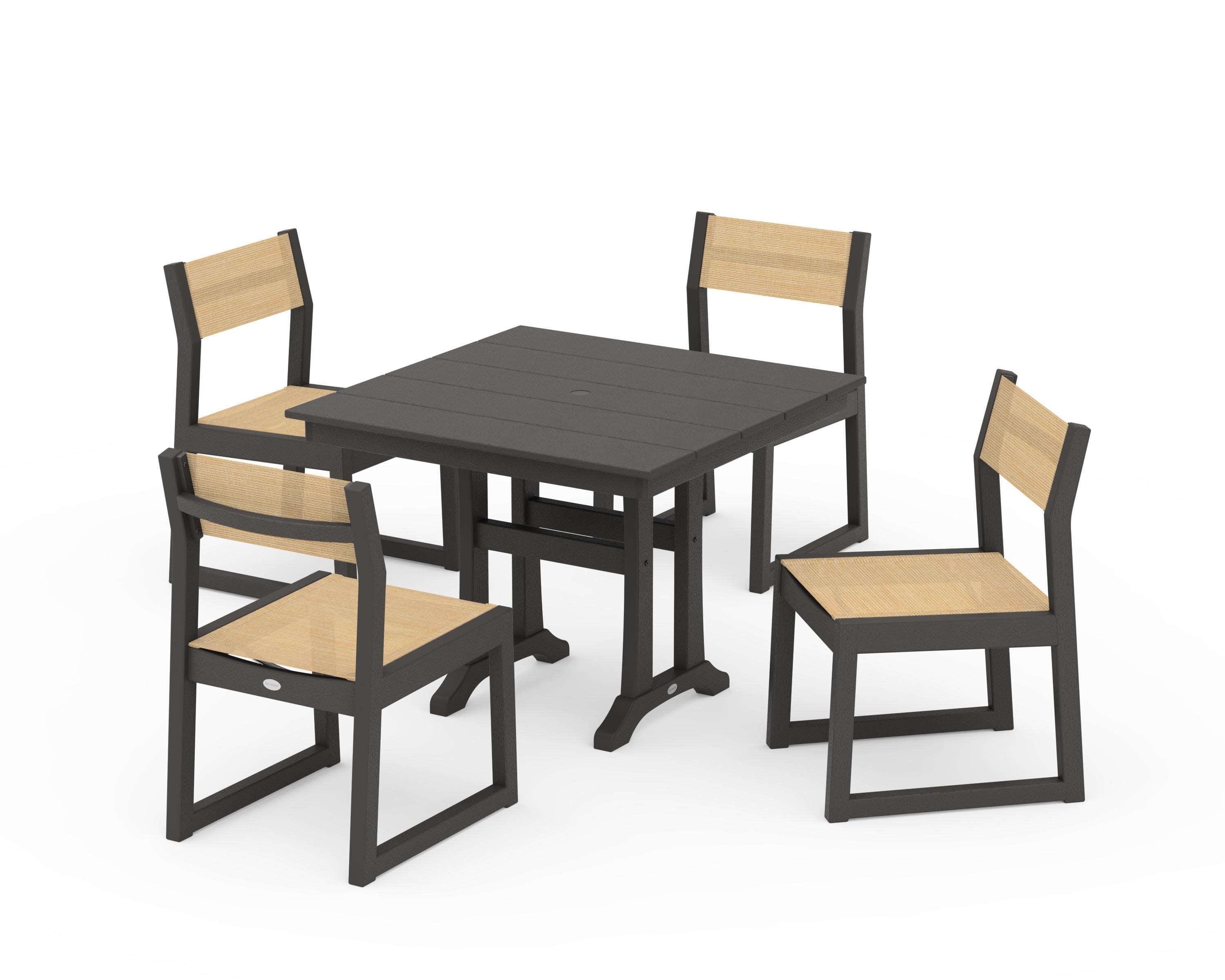 EDGE Sling 5-Piece Farmhouse Trestle Side Chair Dining Set in Vintage Coffee / Dupioni Apricot Sling
