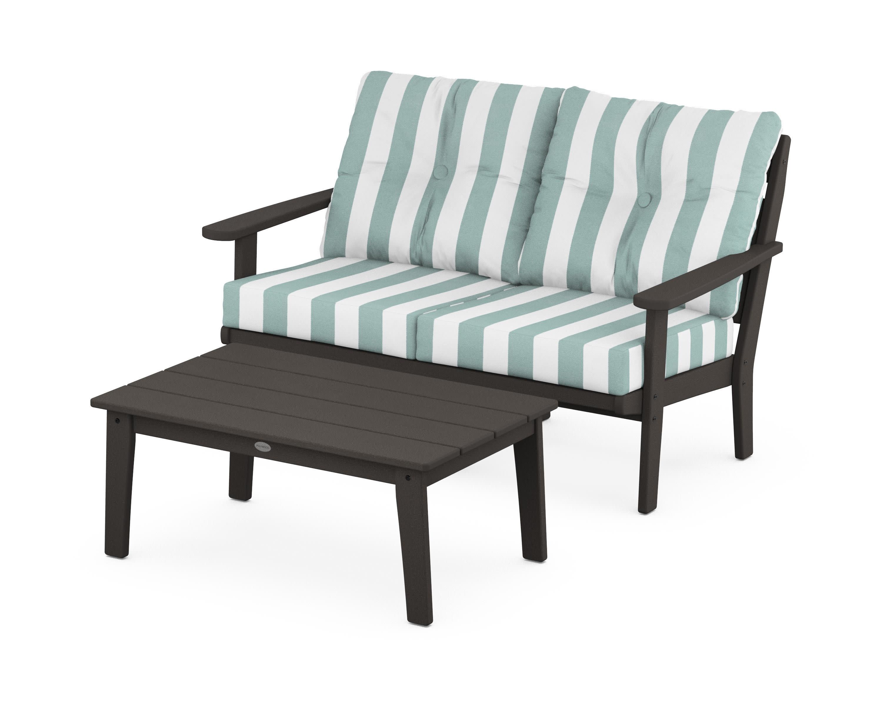 Lakeside 2-Piece Lounge Loveseat Set in Vintage Coffee / Cabana Stripe Glacier Spa