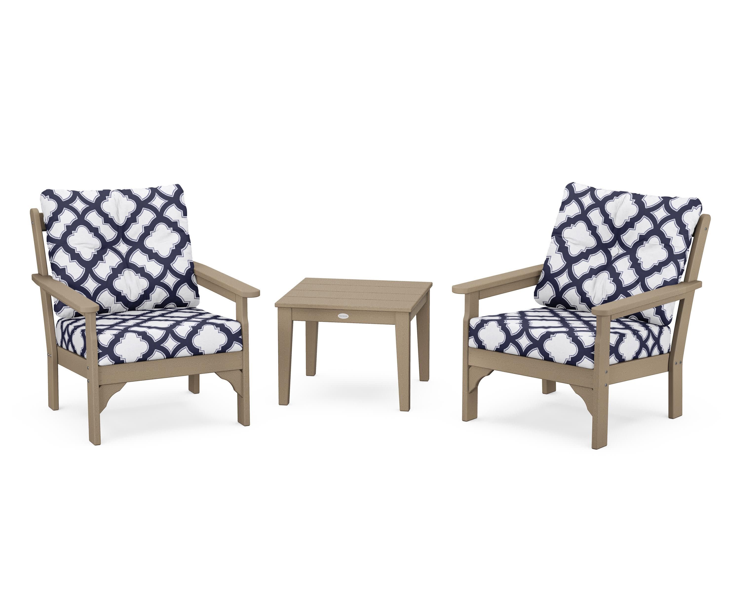 Vineyard 3-Piece Deep Seating Set in Vintage Sahara / Trellis Navy