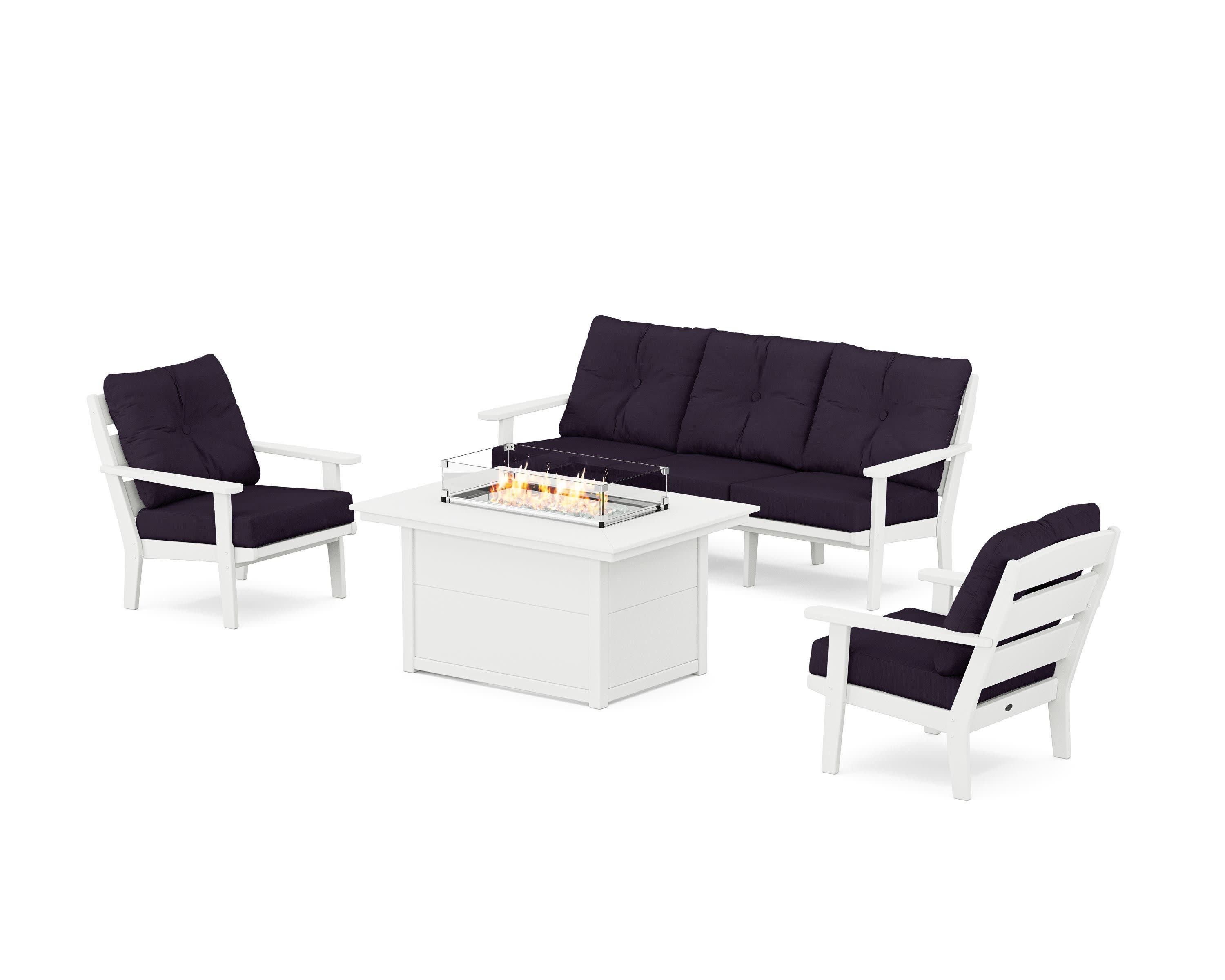Lakeside Deep Seating Fire Pit Table Set in White / Navy Linen