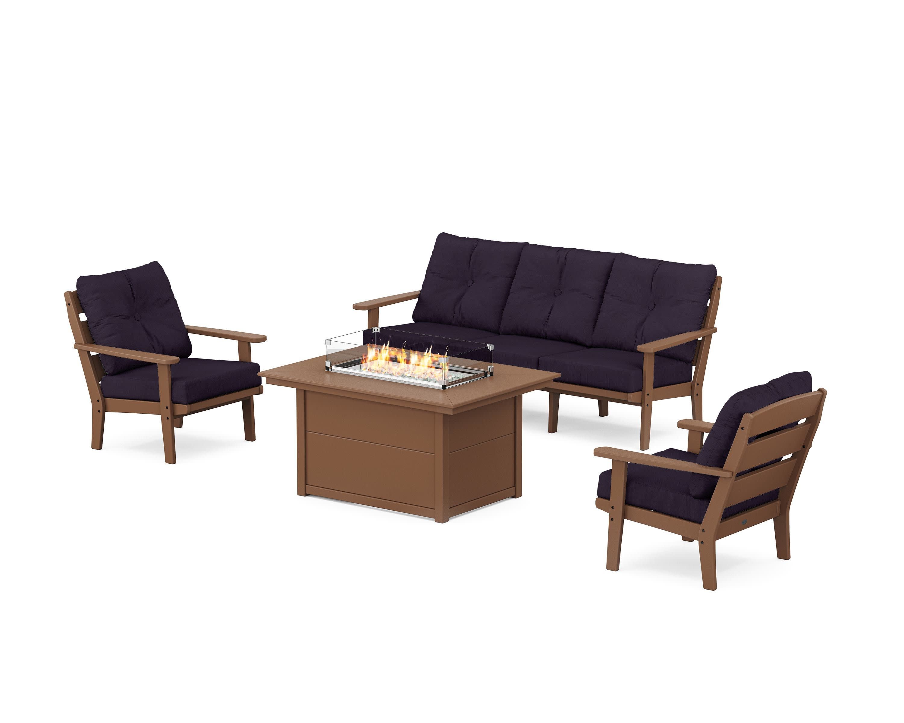 Lakeside Deep Seating Fire Pit Table Set in Teak / Navy Linen