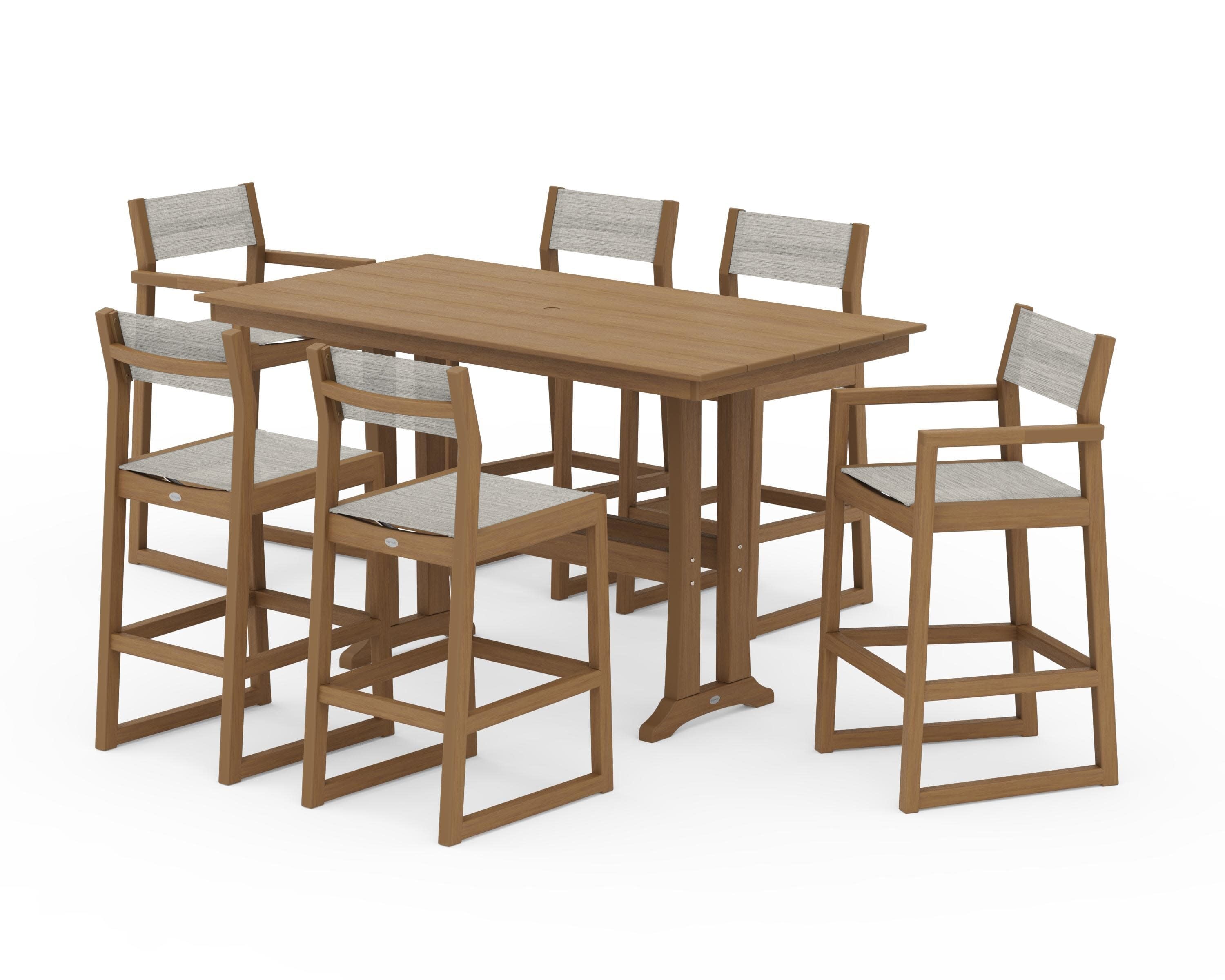 EDGE Sling 7-Piece Farmhouse Bar Set with Trestle Legs in Natural / Birch Sling