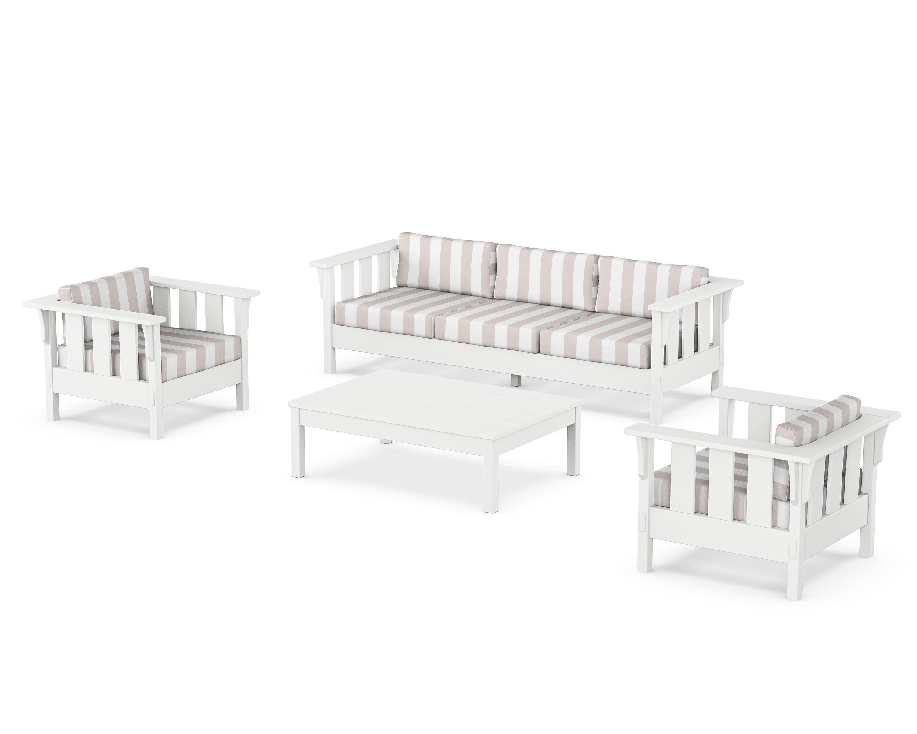 Acadia 4-Piece Deep Seating Set with Sofa in White / Cabana Stripe Dune Burlap