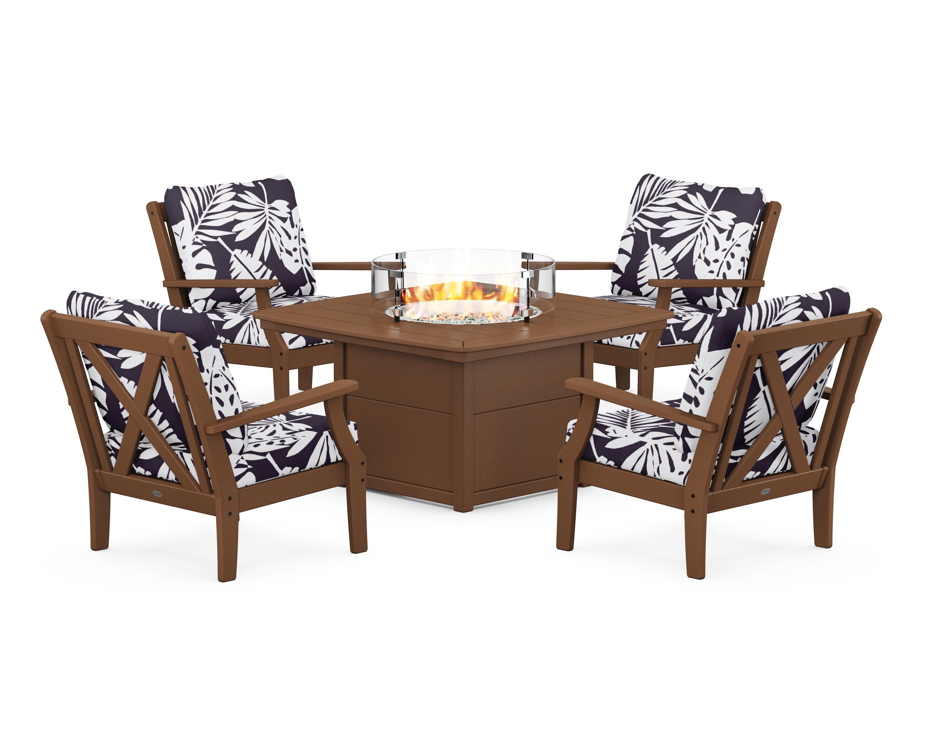 Braxton 5-Piece Deep Seating Conversation Set with Fire Pit Table in Teak / Leaf Navy