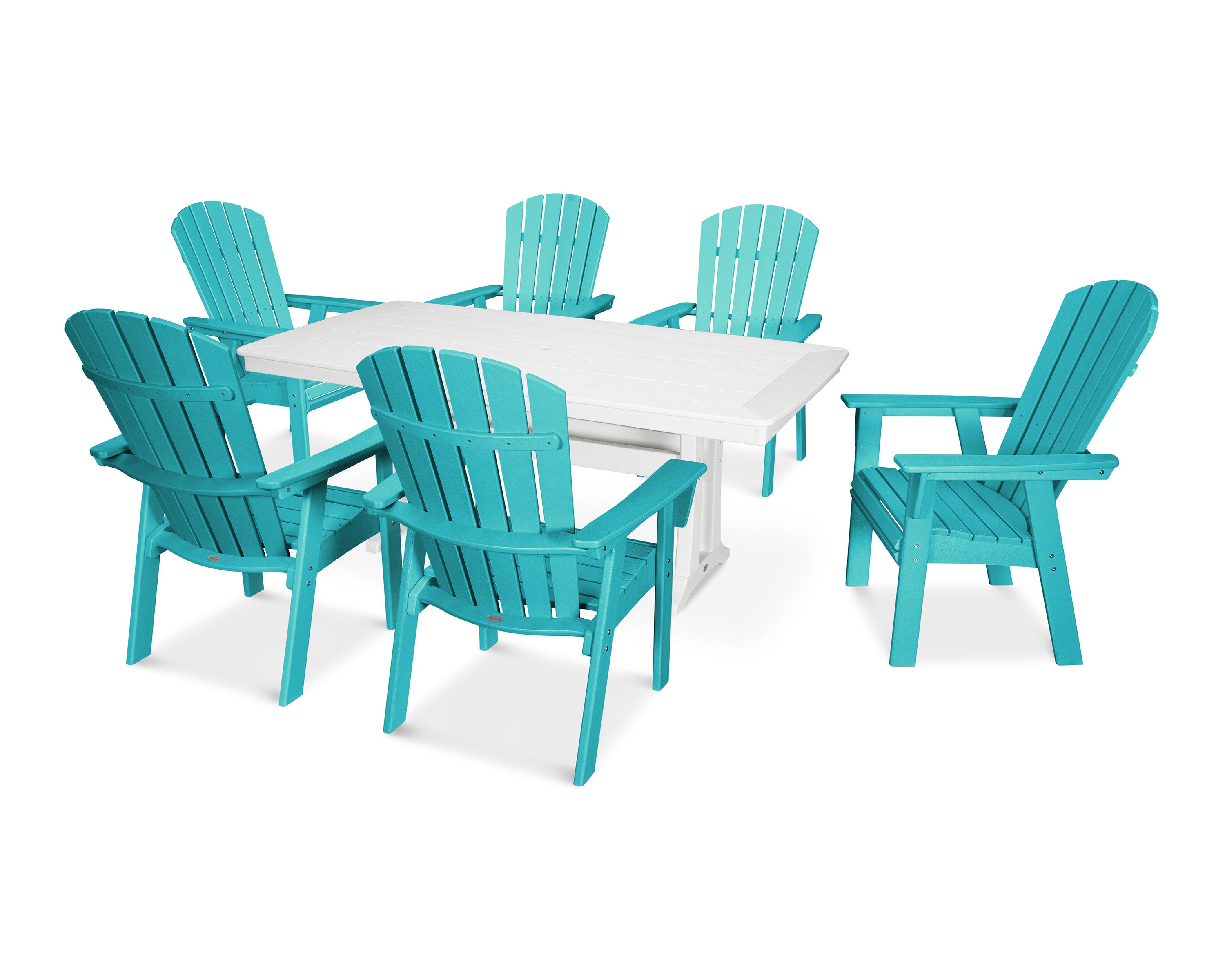 Nautical Curveback Adirondack 7-Piece Dining Set with Trestle Legs in Aruba / White