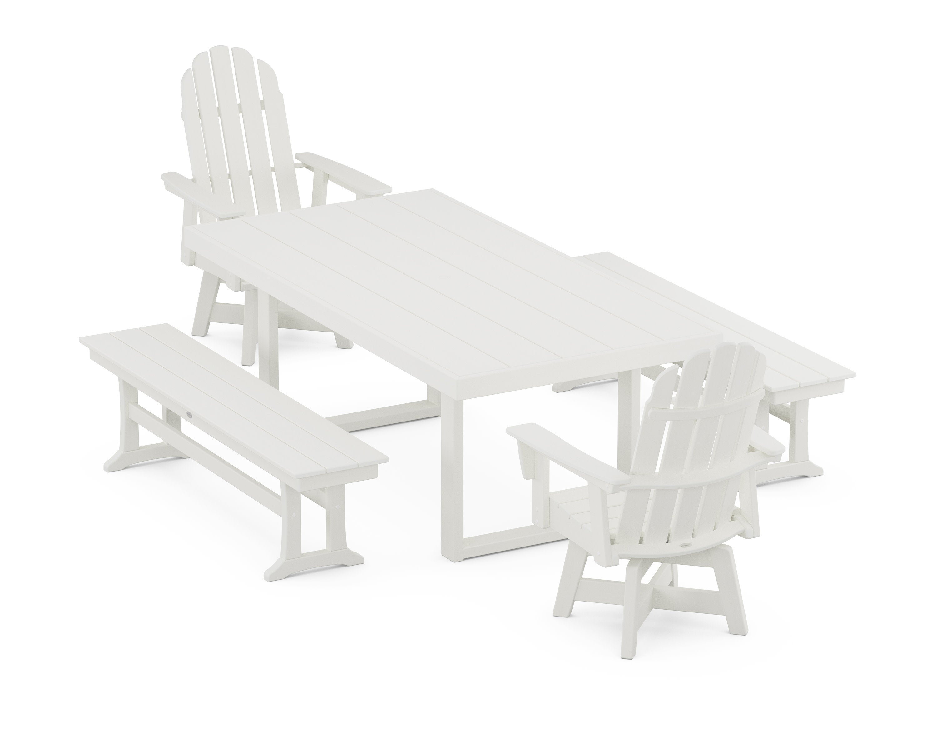 Vineyard Curveback Adirondack Swivel Chair 5-Piece Dining Set with Benches in Vintage White