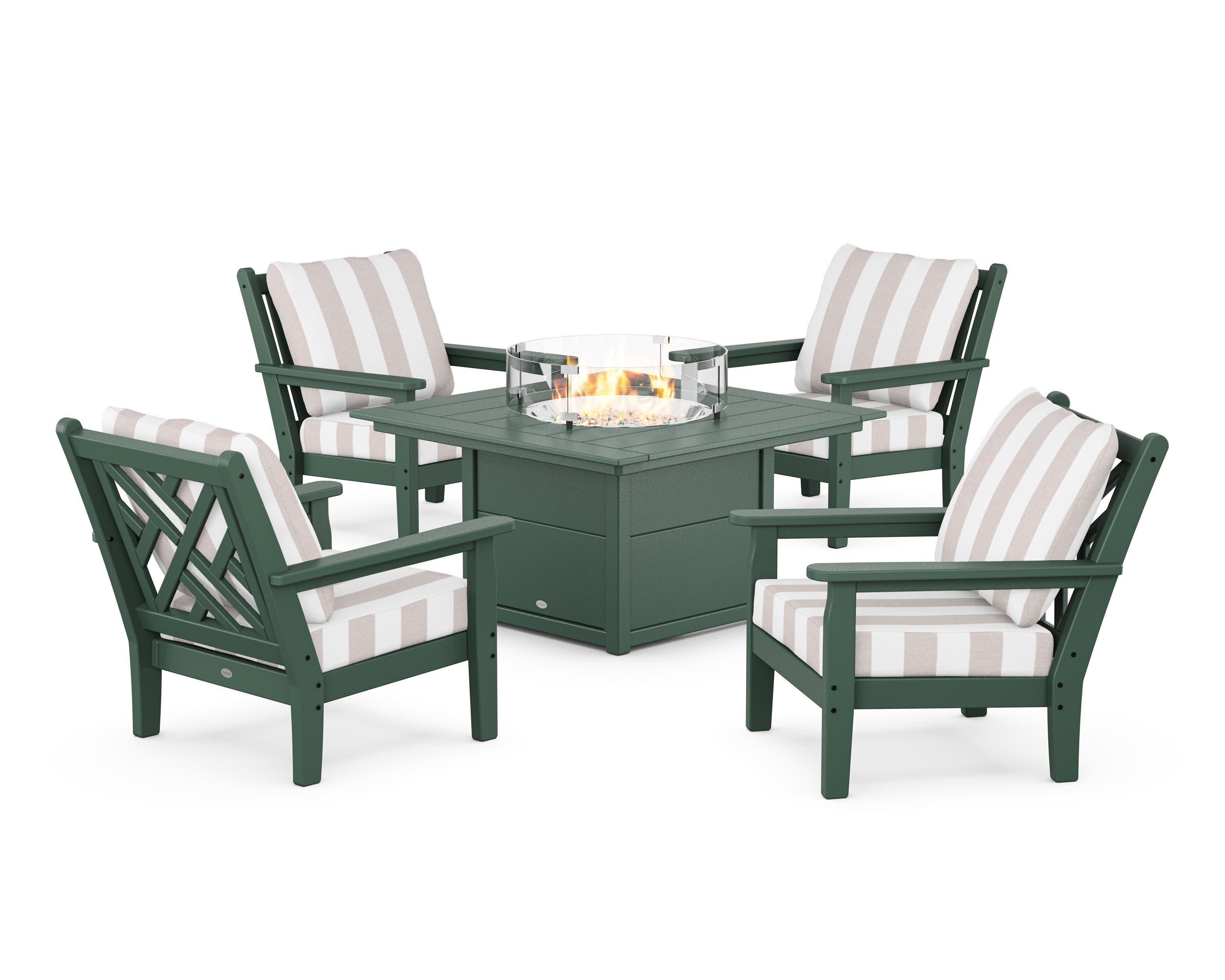 Chippendale 5-Piece Deep Seating Set with Fire Pit Table in Green / Cabana Stripe Dune Burlap