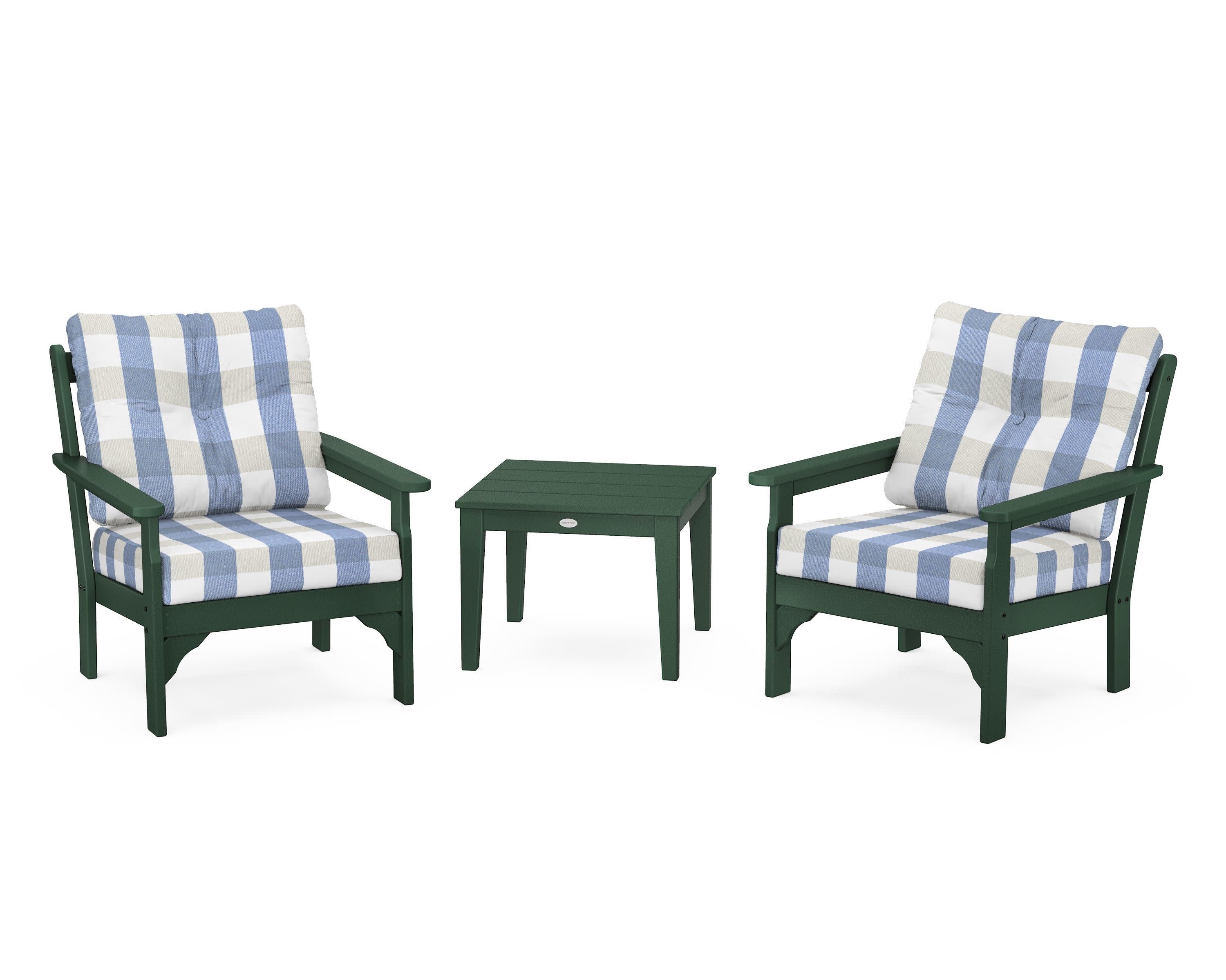Vineyard 3-Piece Deep Seating Set in Green / Buffalo Plaid Sky Blue