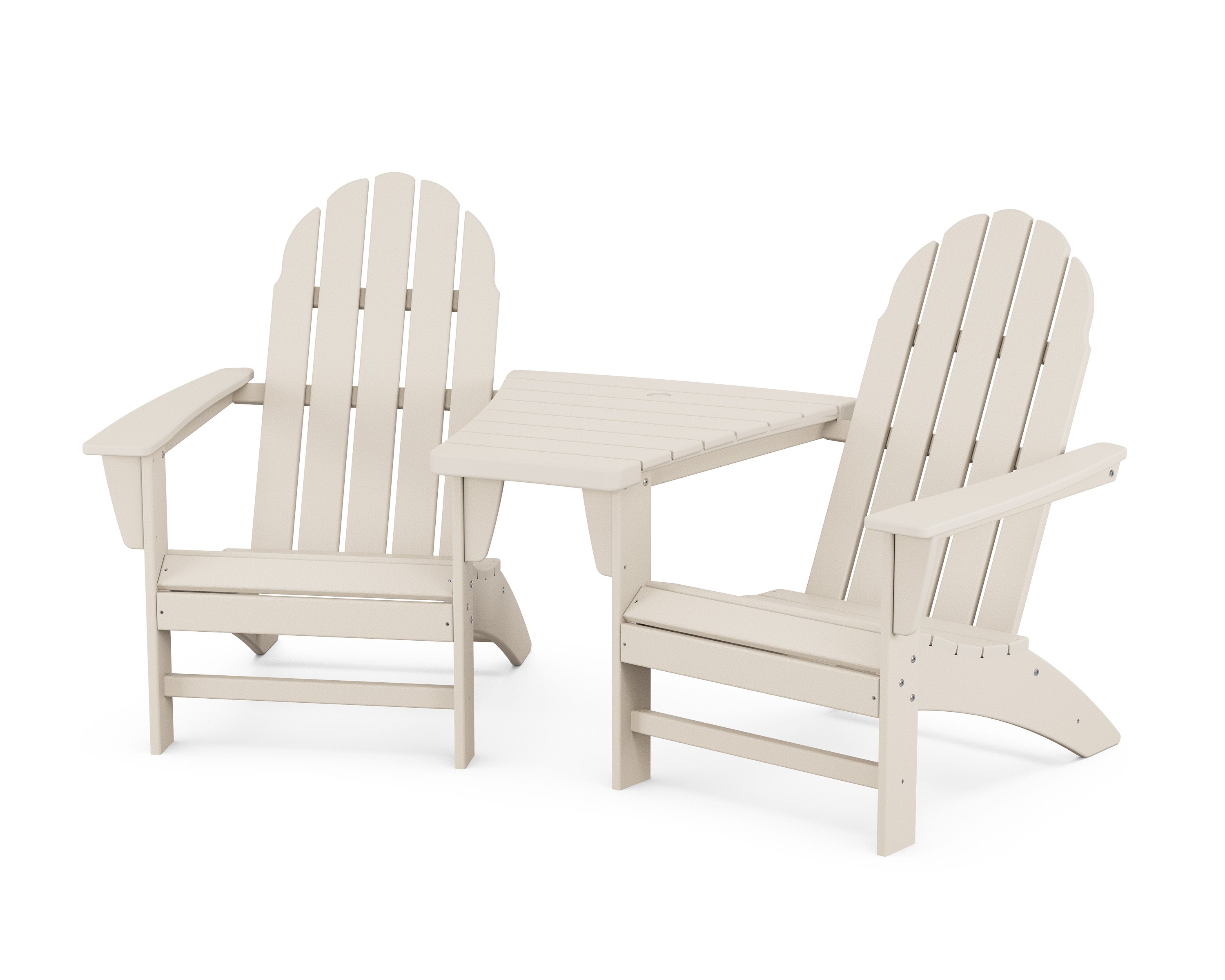Vineyard 3-Piece Adirondack Set with Angled Connecting Table in Sand